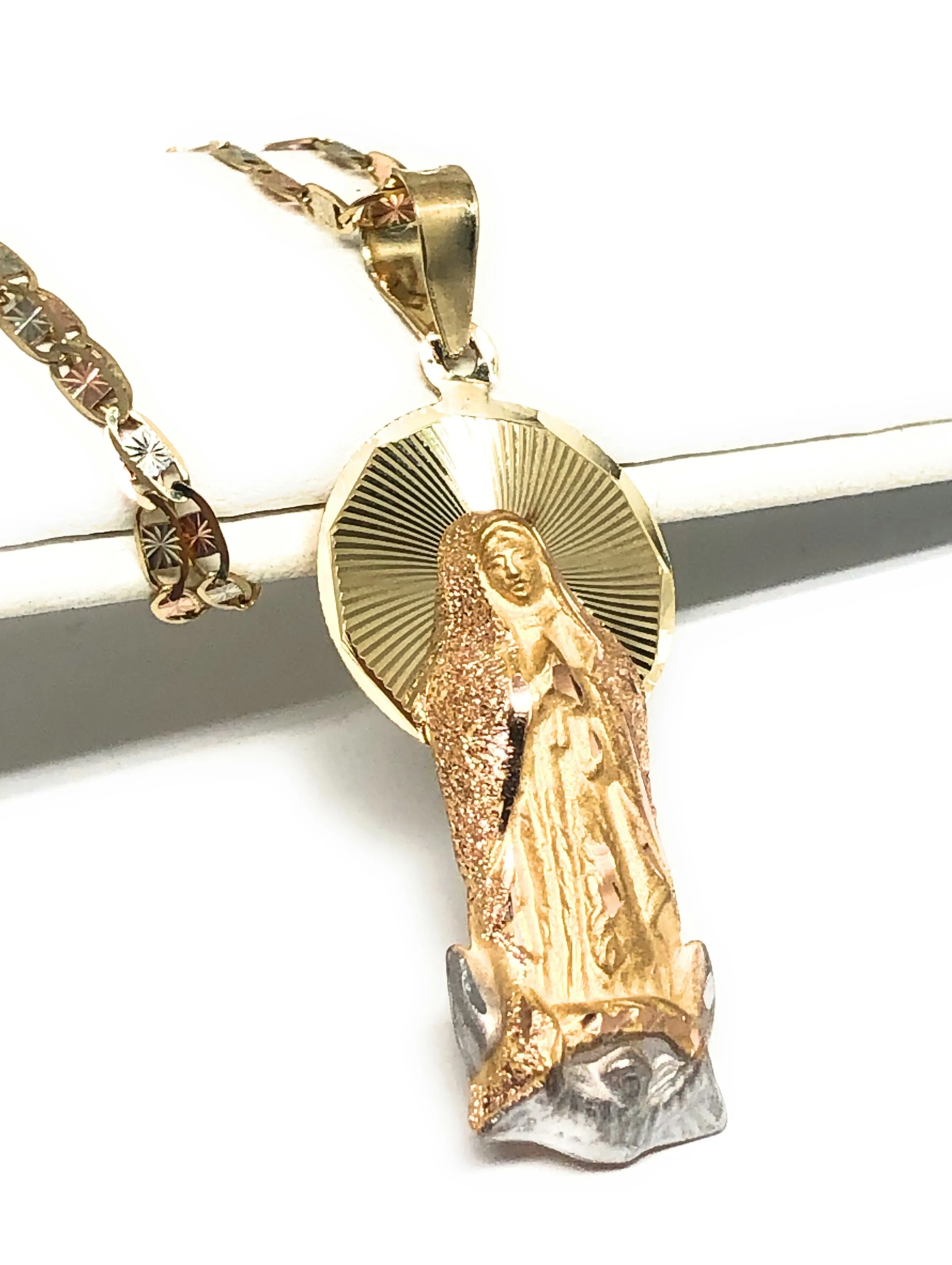 10k Solid Gold Yellow Classic Virrgin Mary Pendant Virrgen Guadalupe W/ Chain Options