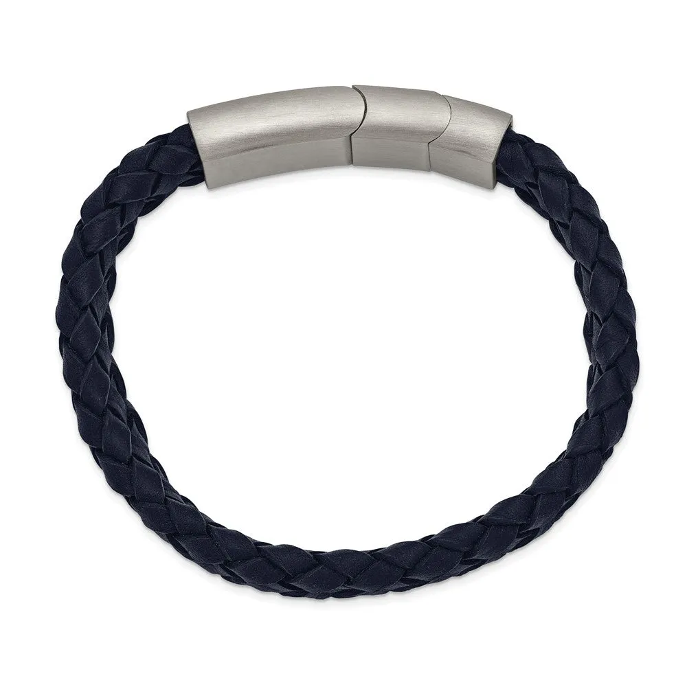 12mm Stainless Steel Navy Blue Braided Leather Adj Bracelet, 8.25 Inch