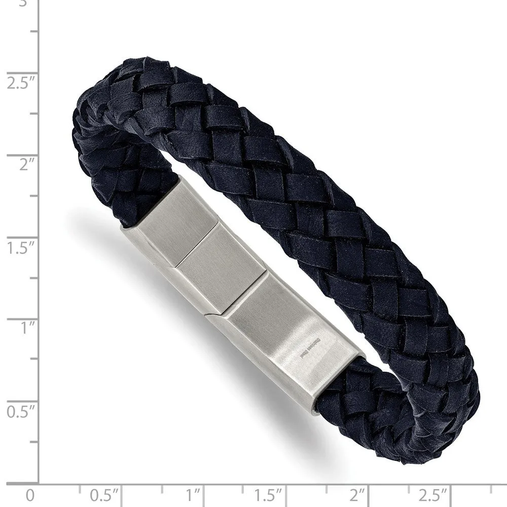 12mm Stainless Steel Navy Blue Braided Leather Adj Bracelet, 8.25 Inch