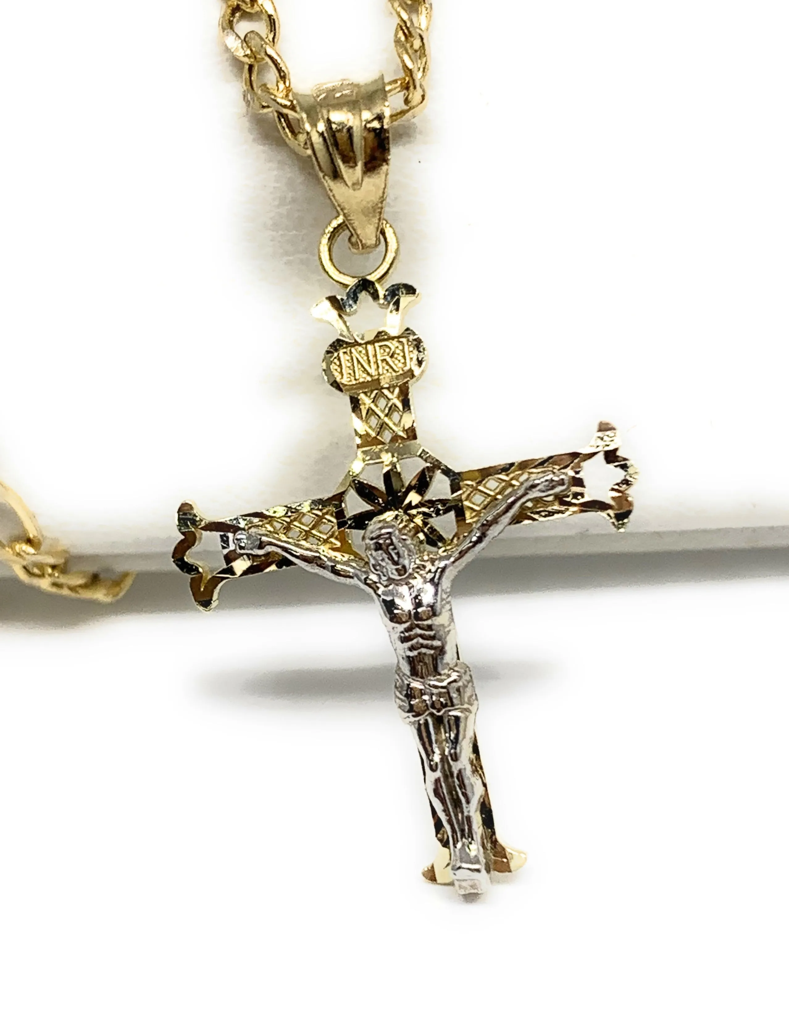 14k Solid Gold 2-Tone Classic Jesus Cross Pendant Necklace Crucifix With Figaro Chain