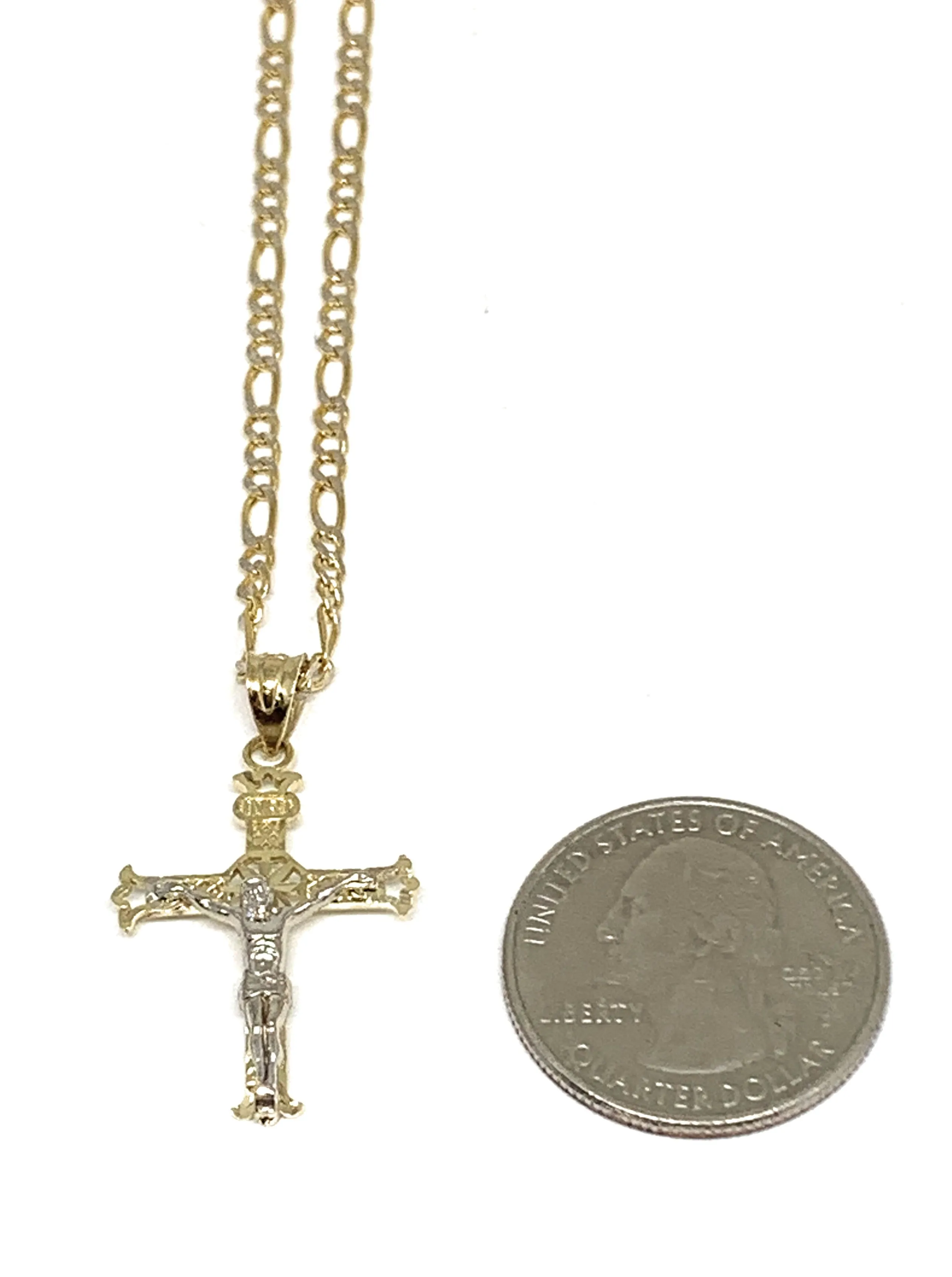 14k Solid Gold 2-Tone Classic Jesus Cross Pendant Necklace Crucifix With Figaro Chain