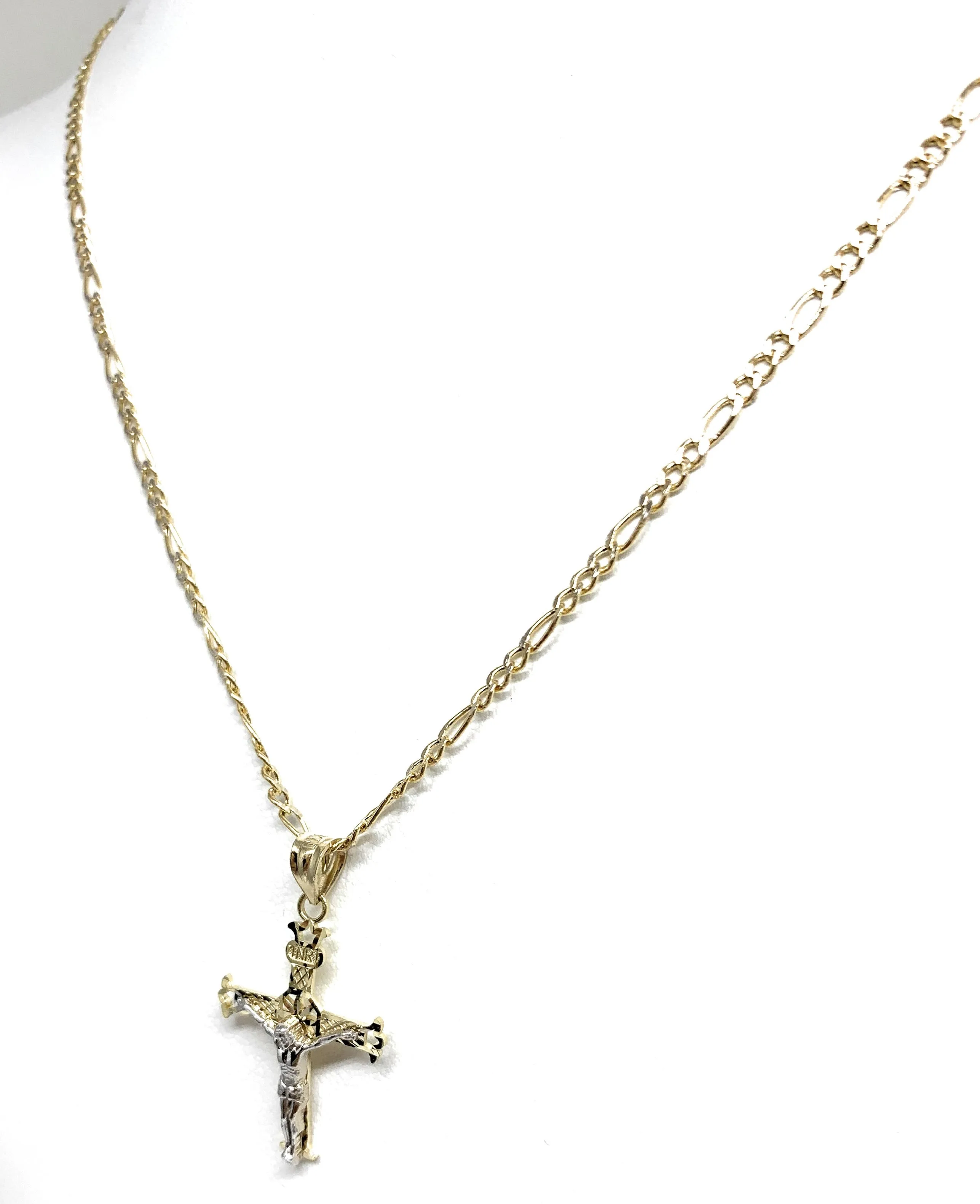 14k Solid Gold 2-Tone Classic Jesus Cross Pendant Necklace Crucifix With Figaro Chain