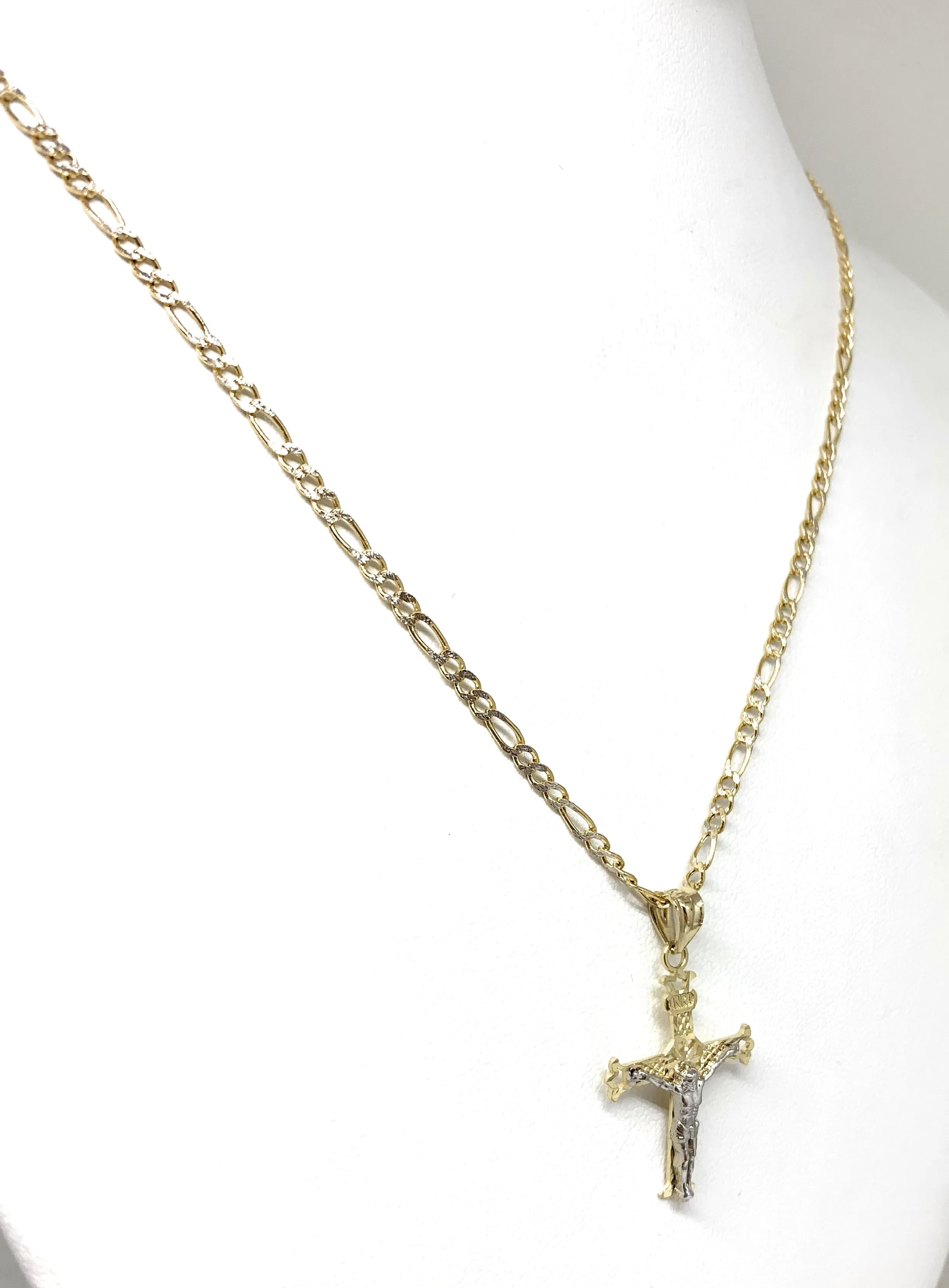 14k Solid Gold 2-Tone Classic Jesus Cross Pendant Necklace Crucifix With Figaro Chain