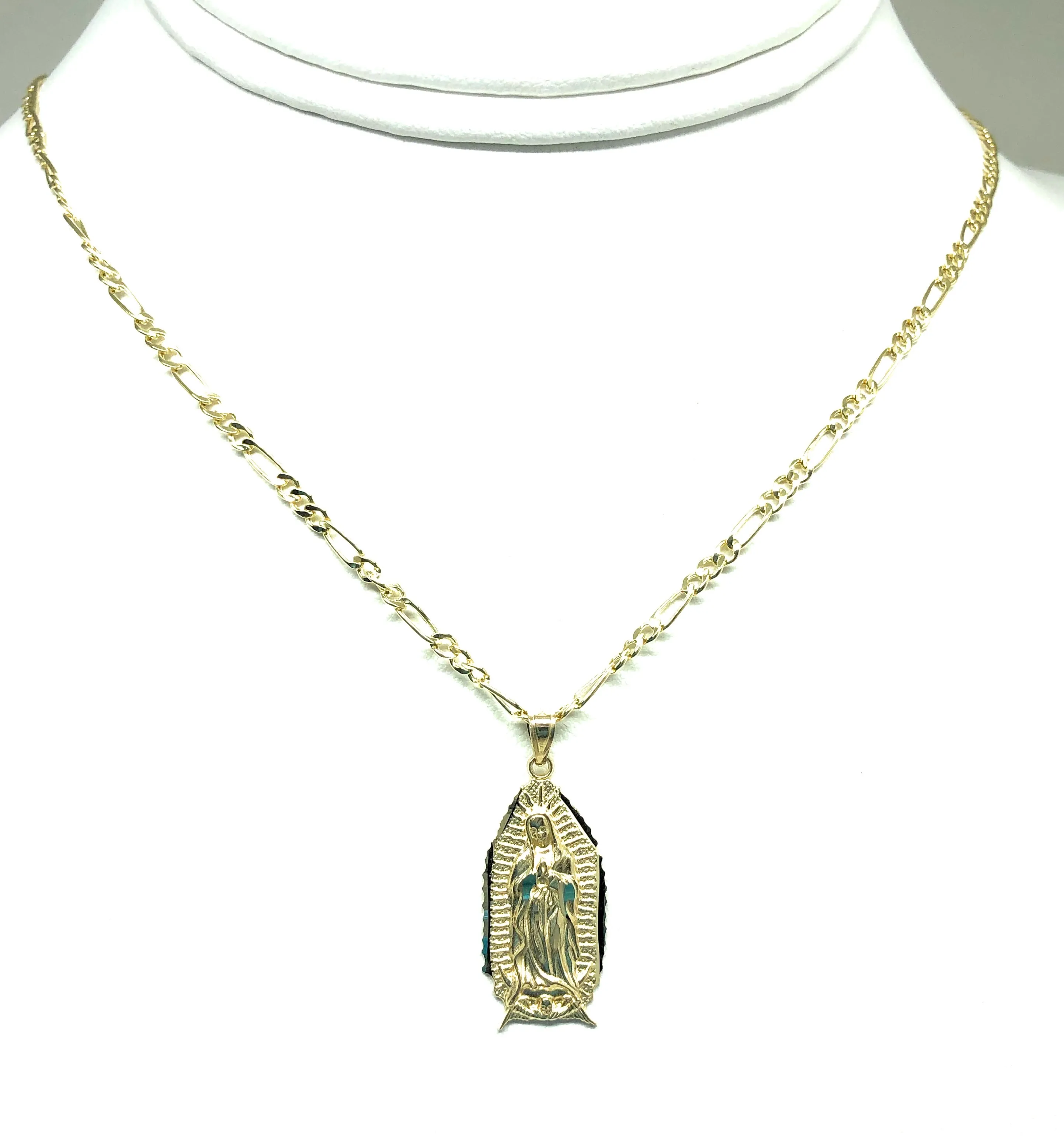 14k Solid Gold Yellow Classic Virrgin Mary Pendant Virrgen Guadalupe Figaro Chain