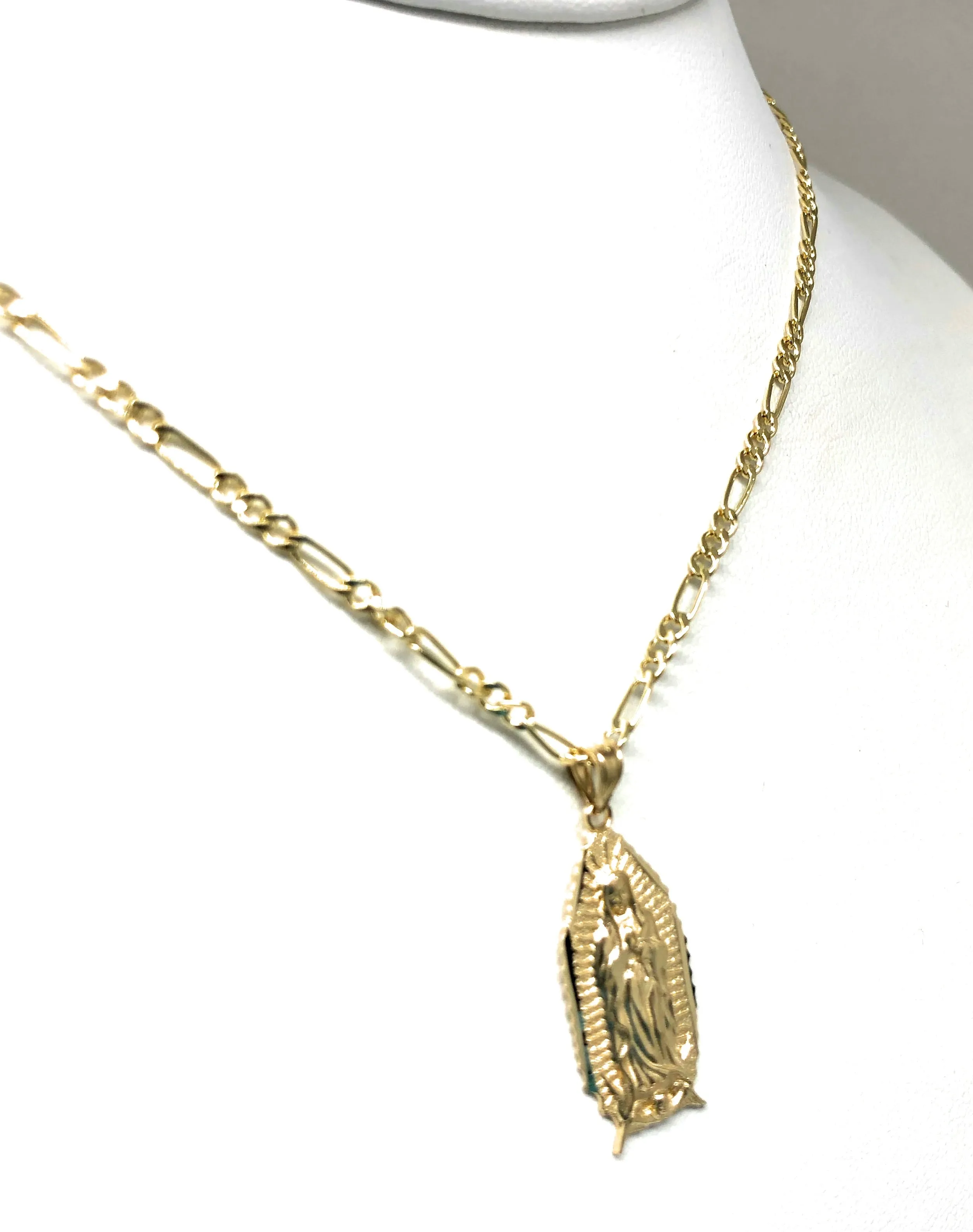 14k Solid Gold Yellow Classic Virrgin Mary Pendant Virrgen Guadalupe Figaro Chain