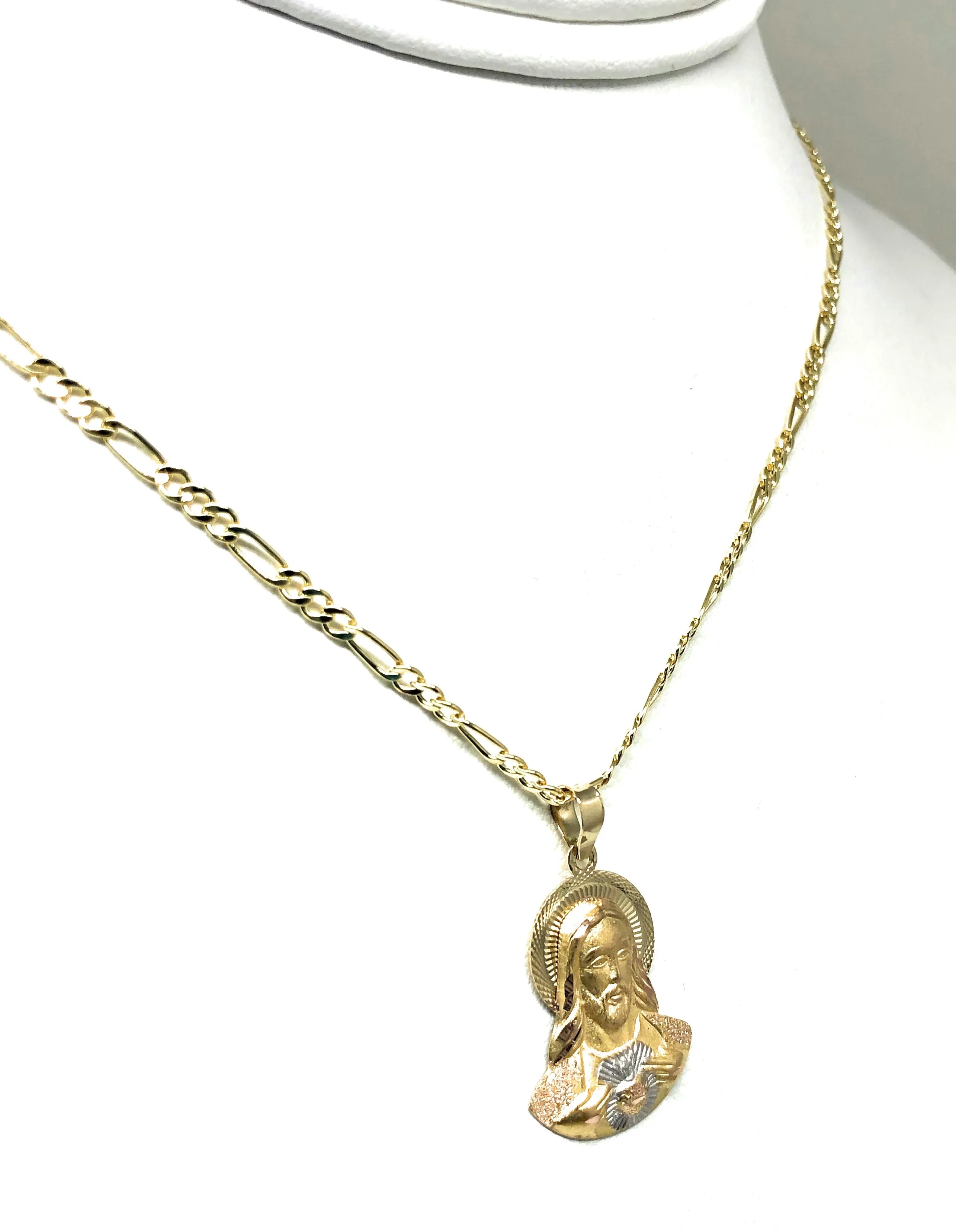 14k Solid Gold Yellow Gold Classic Jesus Sagrado Corazon Pendant Necklace Figaro Chain