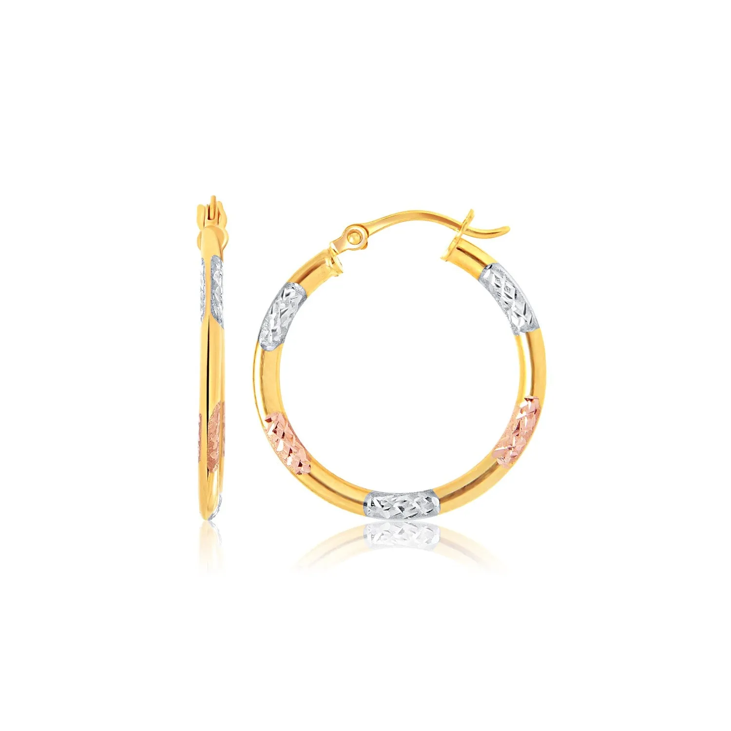 14k Tri-Color Gold Classic Hoop Earrings with Diamond Cut Details-rx68934