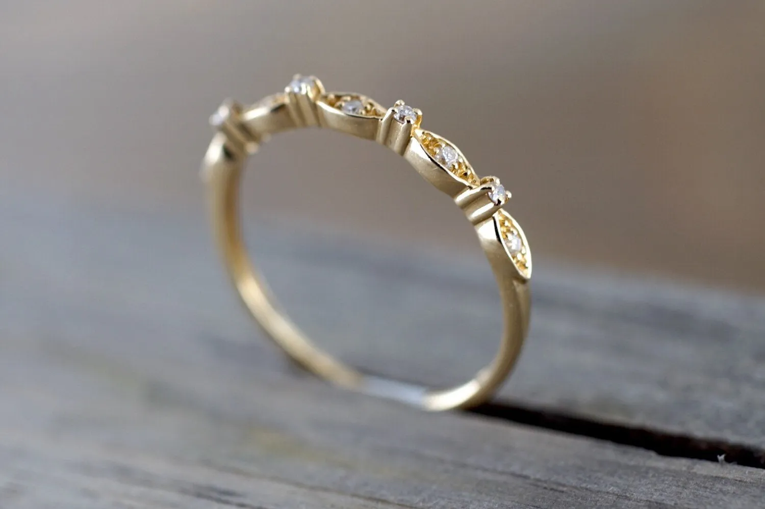 14K Yellow Gold Dainty Thin Stackable Diamond Engagement Wedding Promise Vintage Classic  Cute Ring Band Arch Shaped