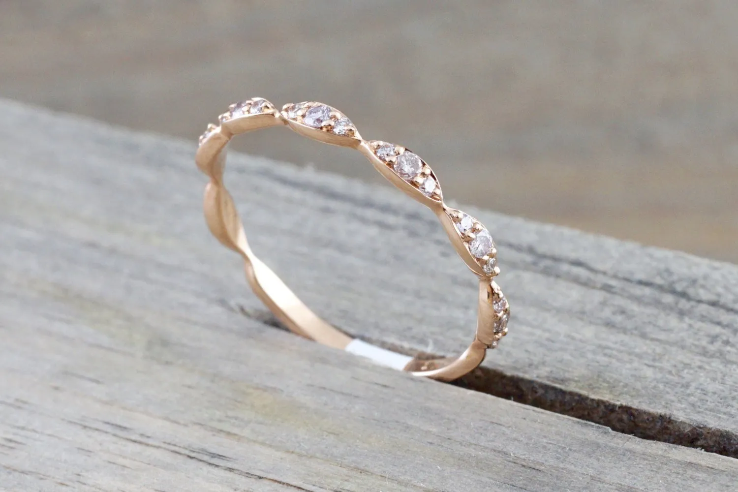 14kt Rose Gold Diamond Ring Marquis Design Vintage Design Rope Classic Milgrain Etching Eternity Stackable