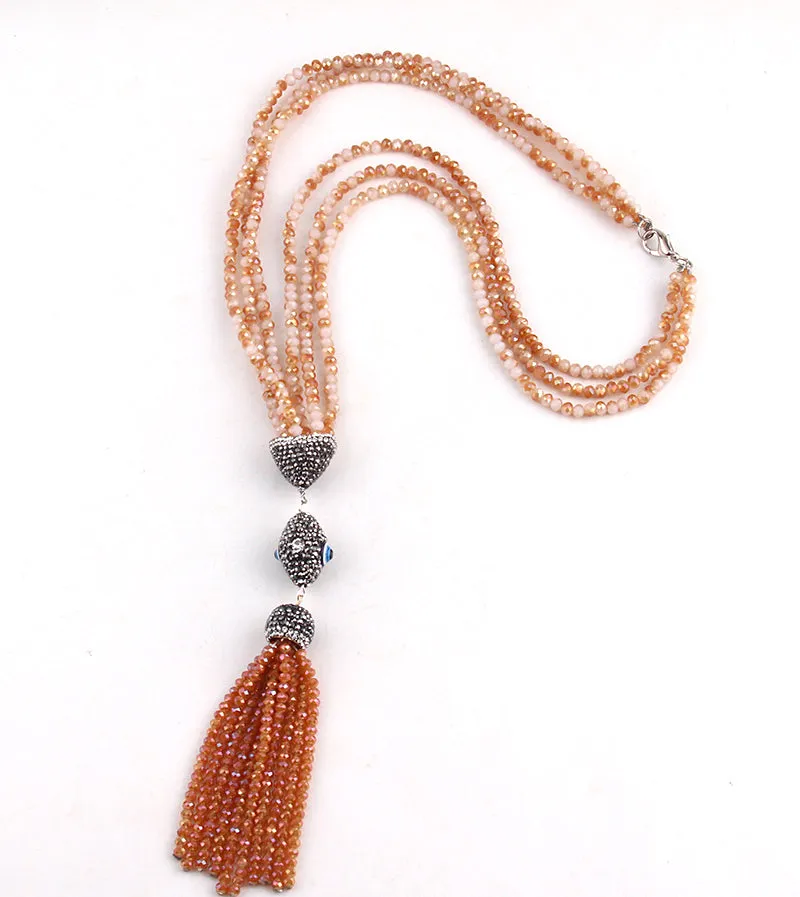 4mm Peach Black Crystal Evil Eye Tassel Long Mala Necklace