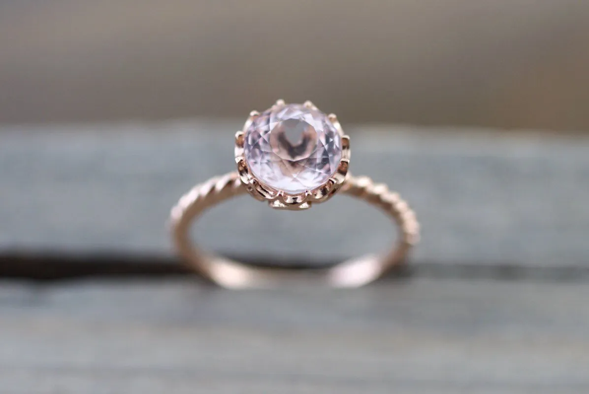 8mm Melrose Gold Round Morganite Ring Crown Vintage Design