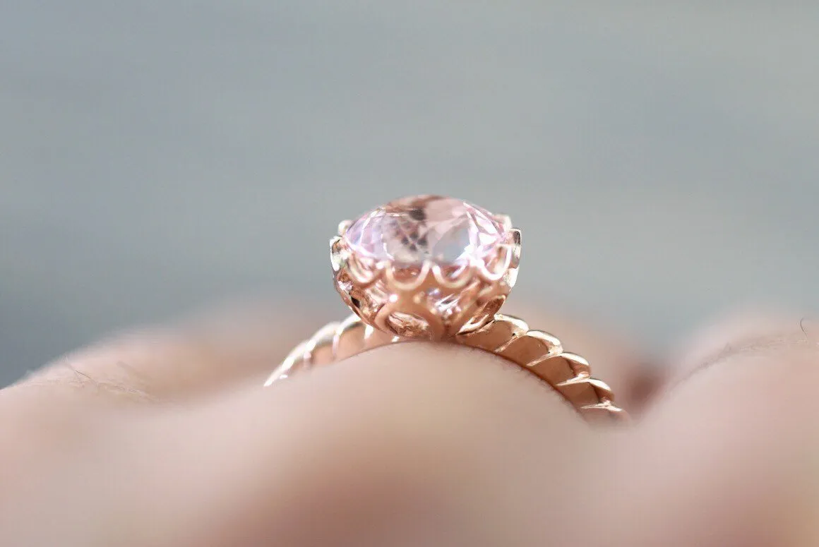 8mm Melrose Gold Round Morganite Ring Crown Vintage Design