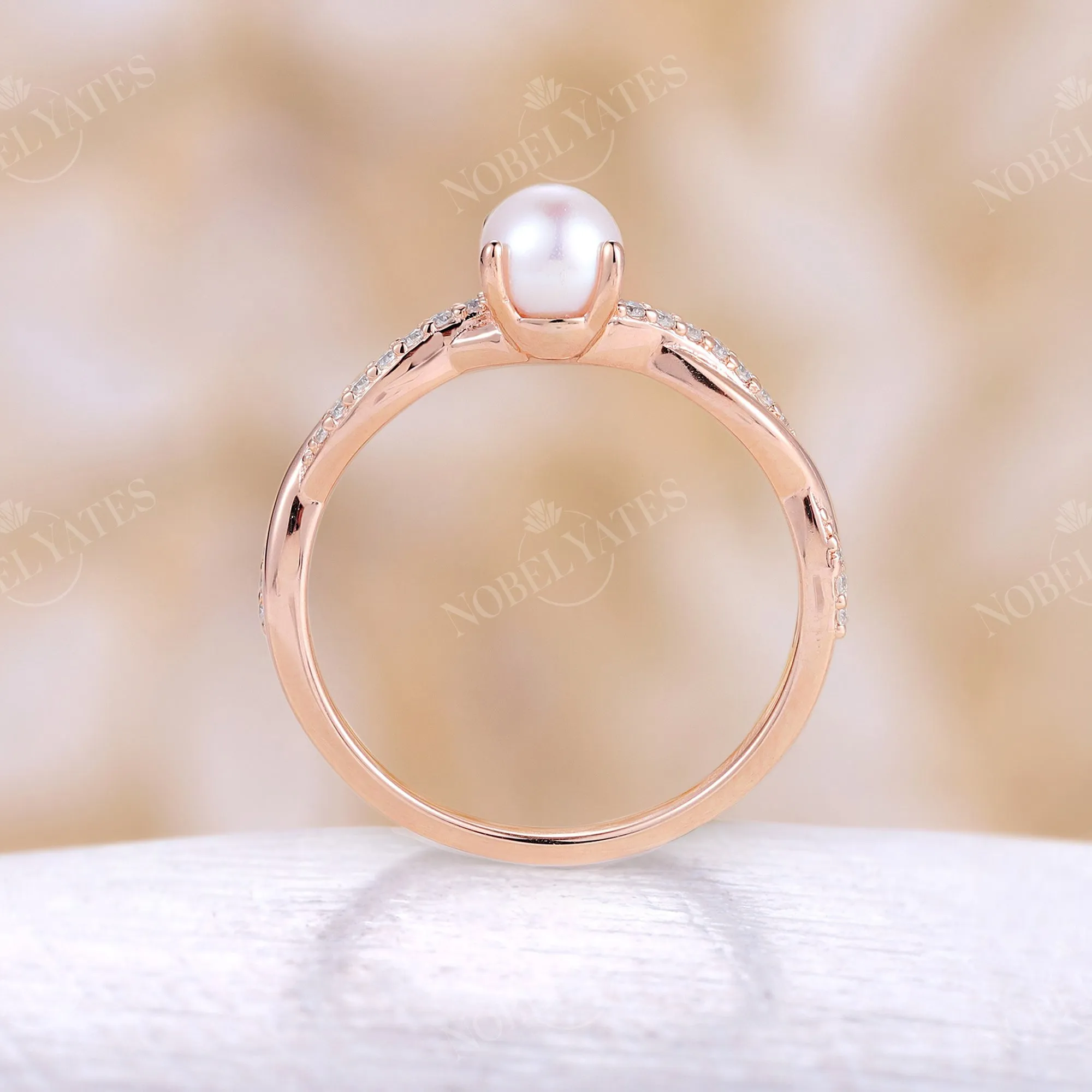 Akoya Pearl Vintage Twist & Pave Engagement Ring Rose Gold