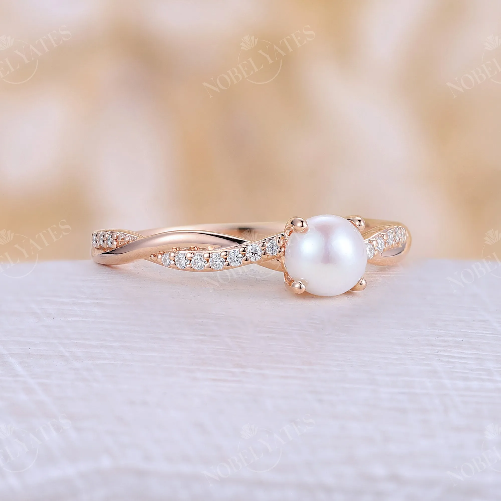 Akoya Pearl Vintage Twist & Pave Engagement Ring Rose Gold