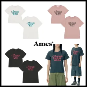 AMES-WORLDWIDE  |Crew Neck Street Style Plain Cotton Short Sleeves Logo