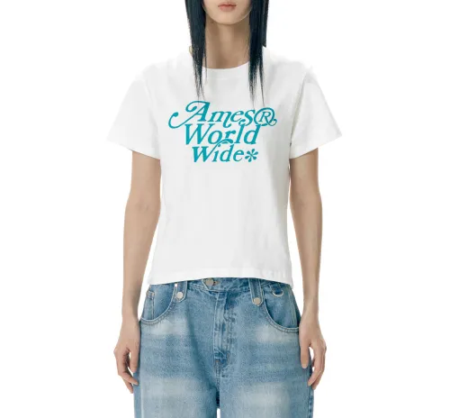 AMES-WORLDWIDE  |Crew Neck Street Style Plain Cotton Short Sleeves Logo