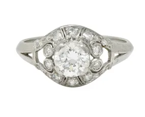 Art Deco 0.95 CTW Old European Cut Diamond Platinum Bombay Heart Vintage Engagement Ring