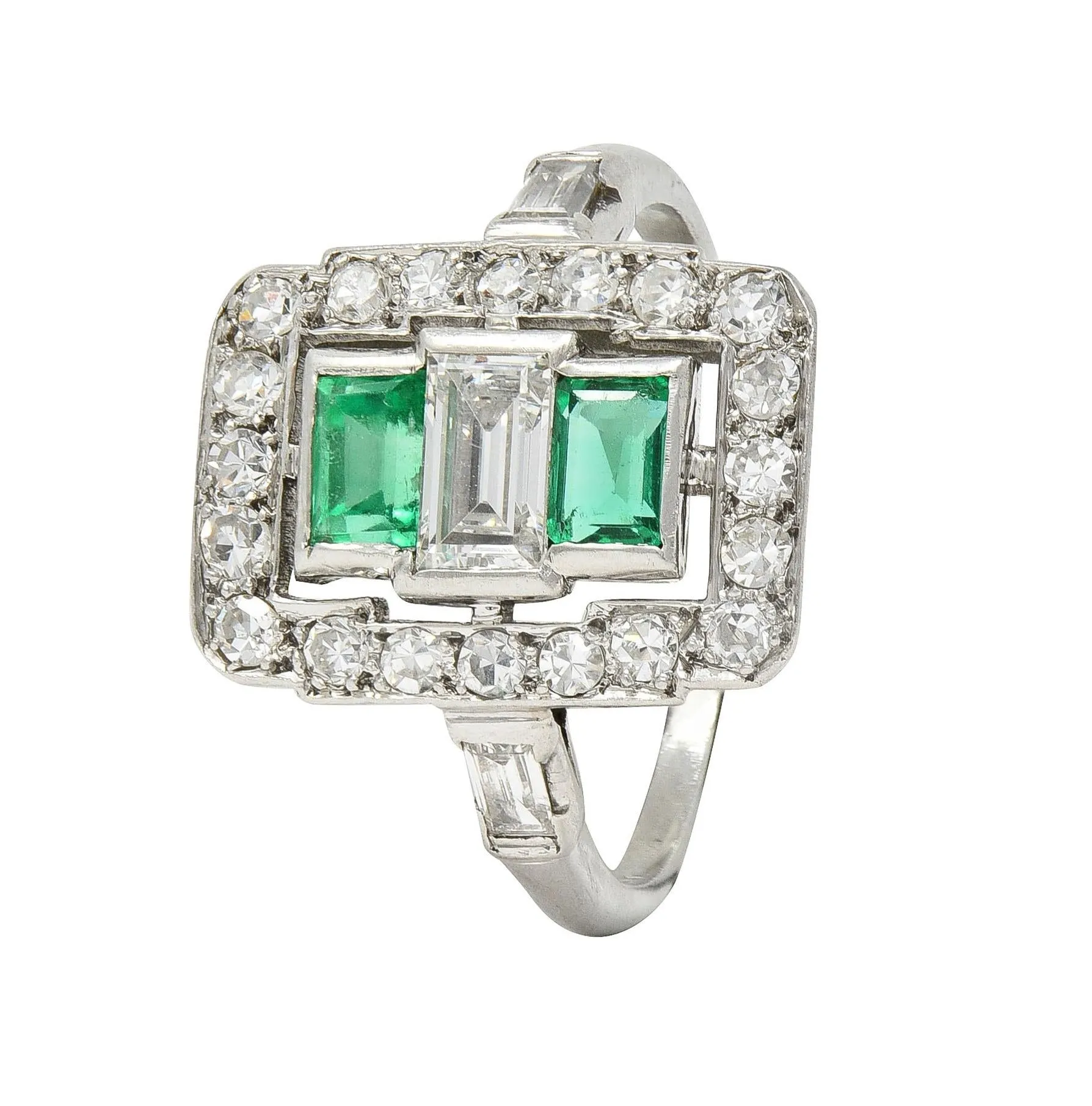 Art Deco 1.50 CTW Emerald Diamond Platinum Vintage Cluster Dinner Ring