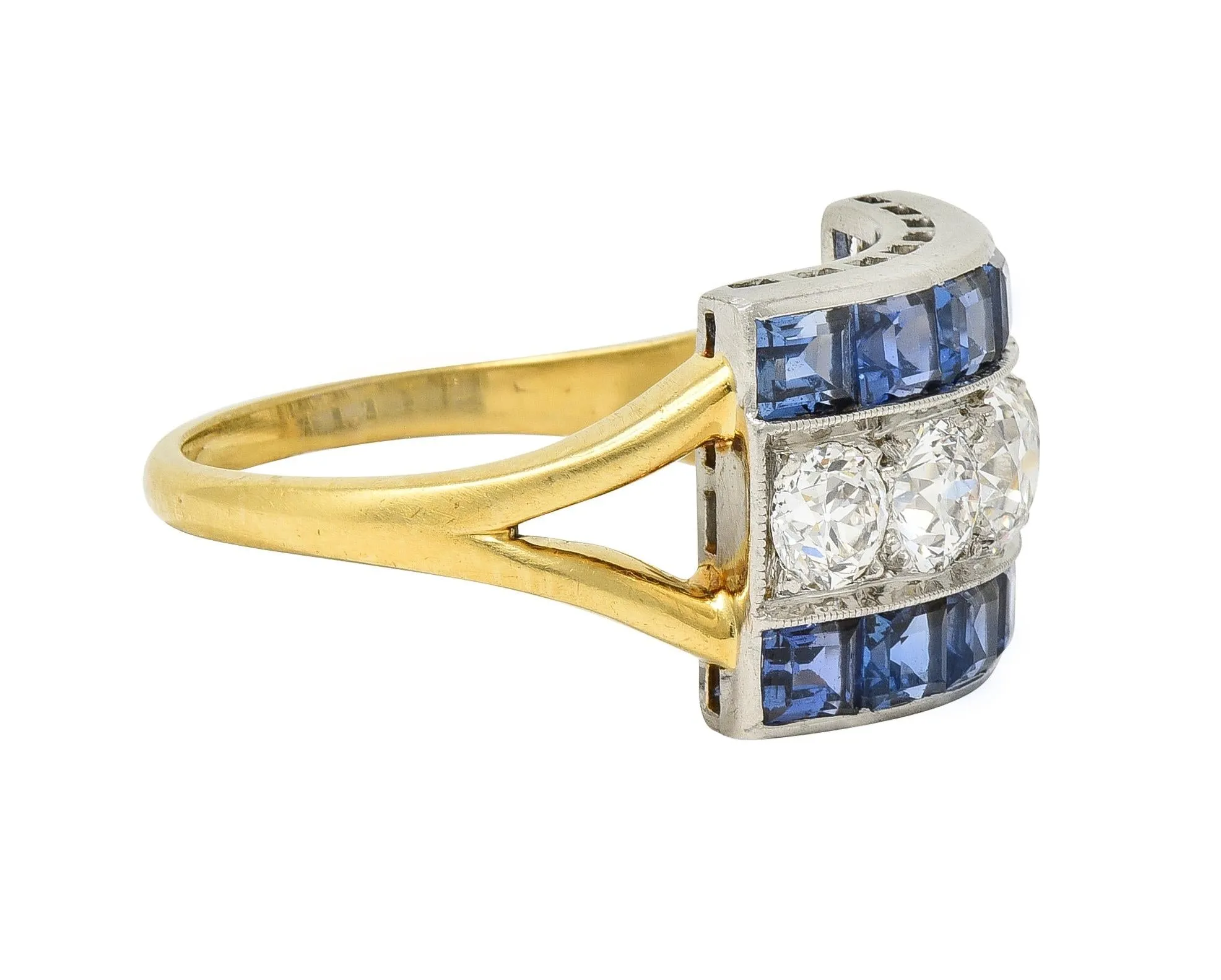 Art Deco 2.80 CTW Diamond Sapphire Platinum 18 Karat Gold Vintage Band Ring