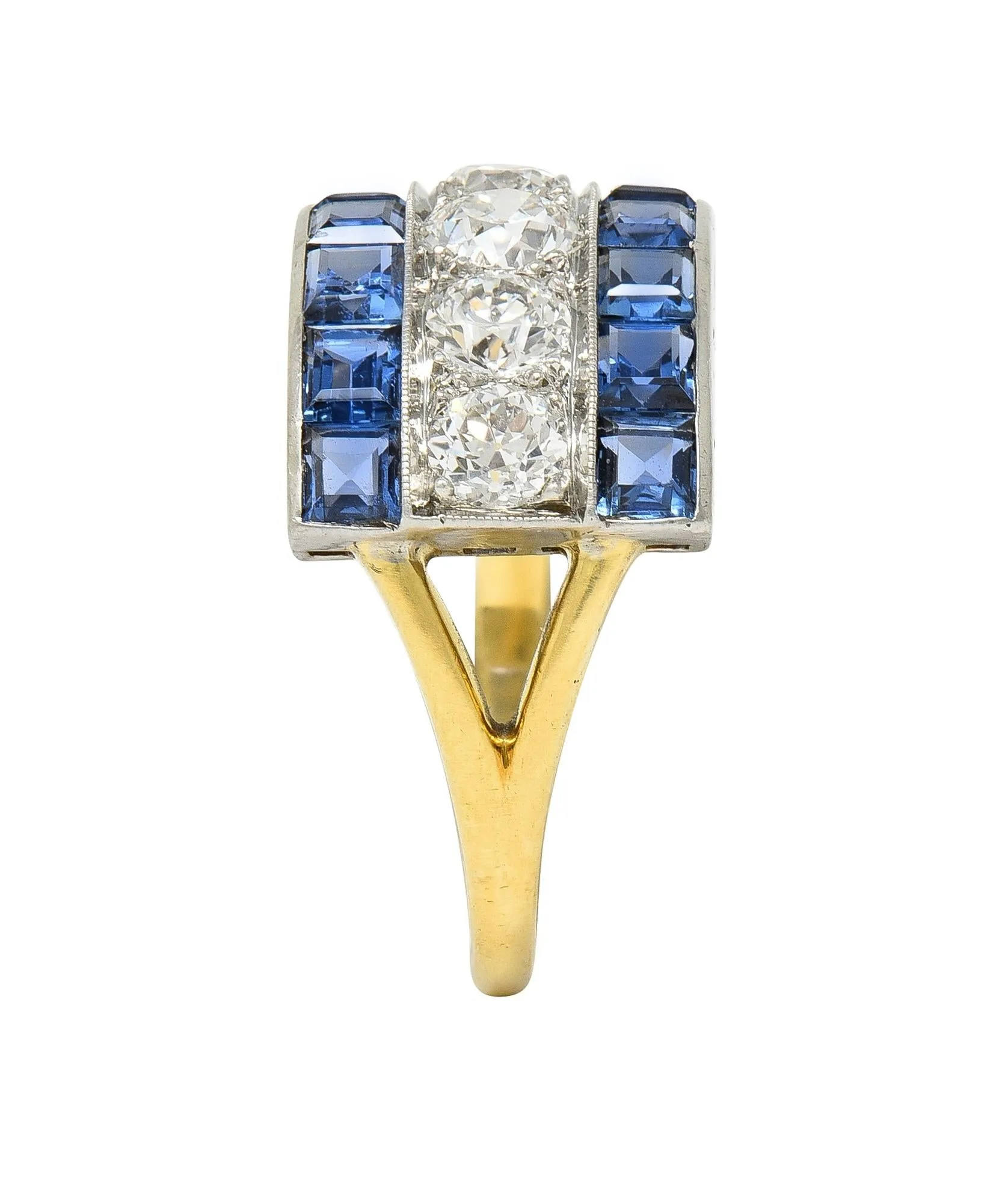 Art Deco 2.80 CTW Diamond Sapphire Platinum 18 Karat Gold Vintage Band Ring