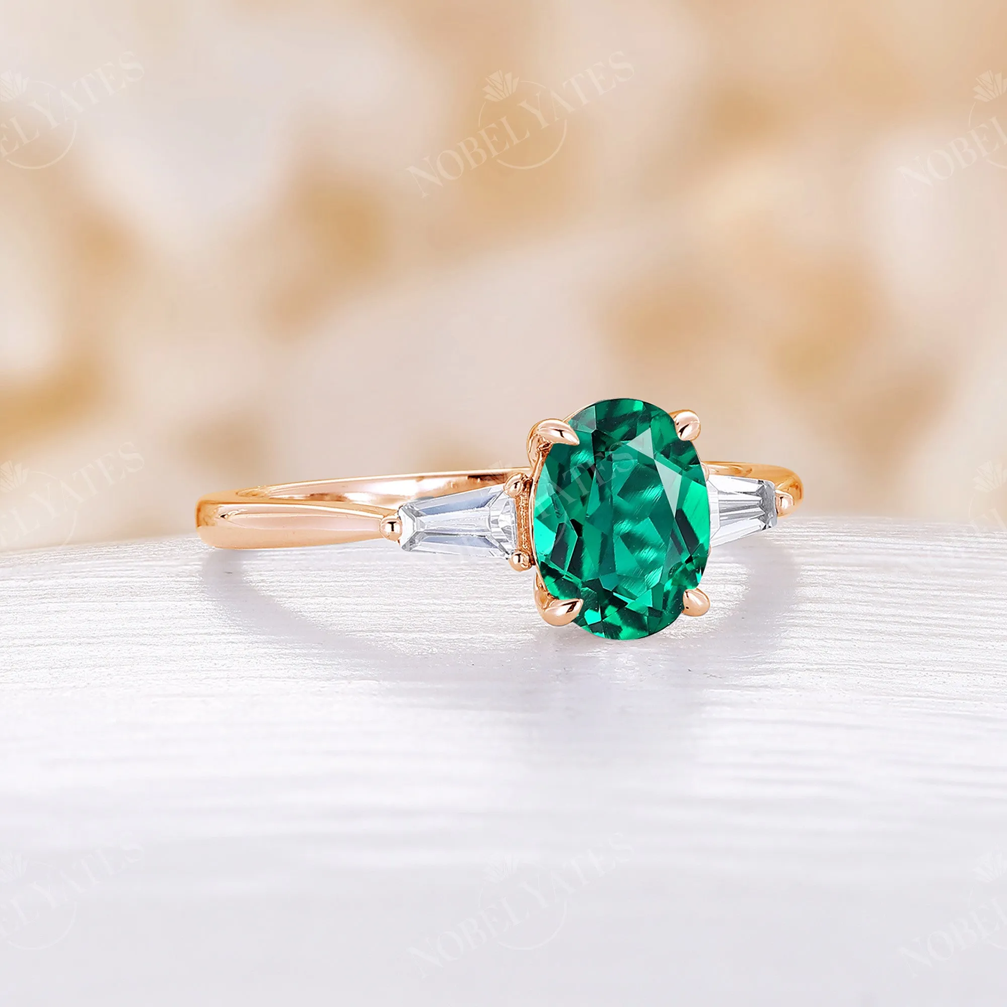 Art Deco Classic Oval Lab Emerald Engagement Ring Three Stones