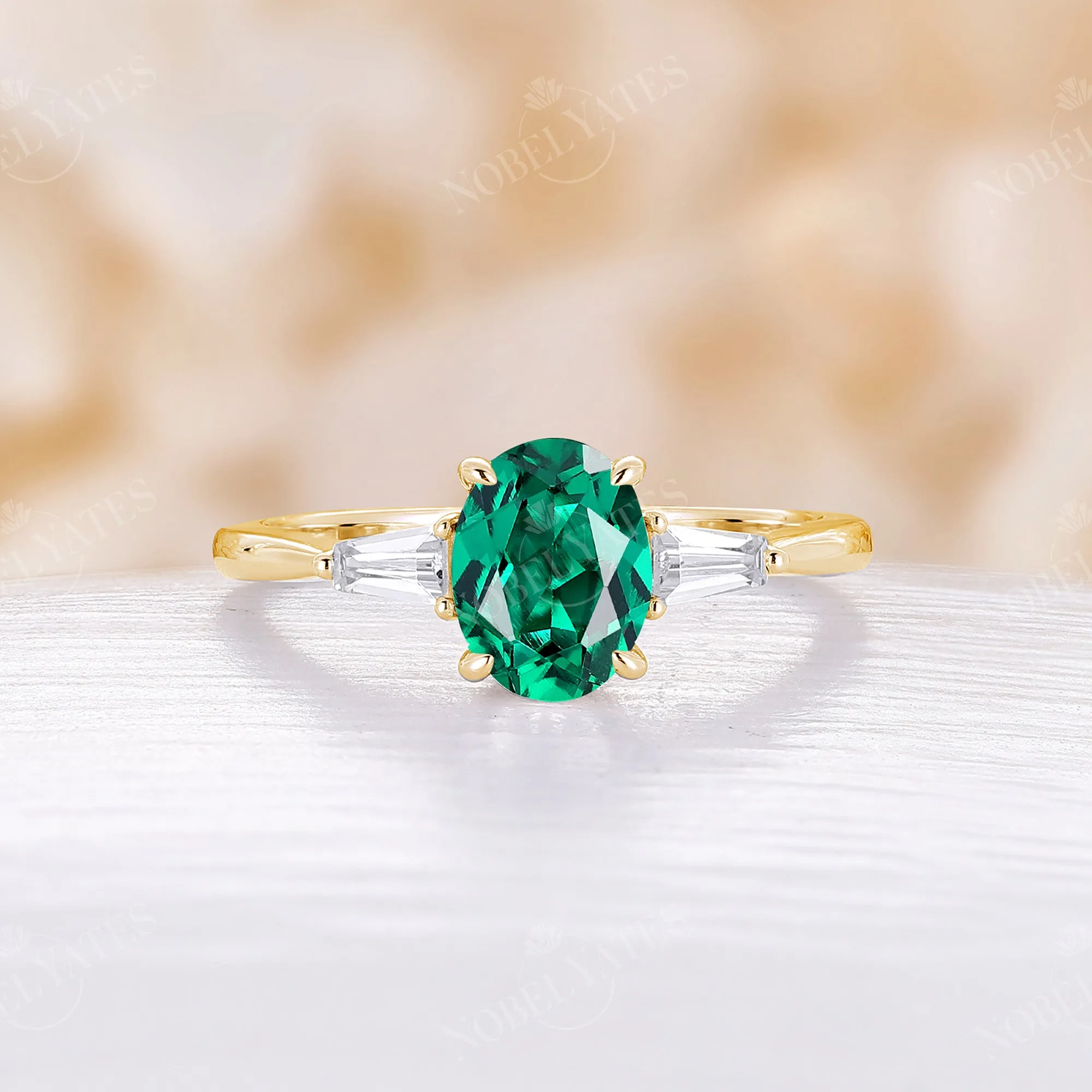 Art Deco Classic Oval Lab Emerald Engagement Ring Three Stones