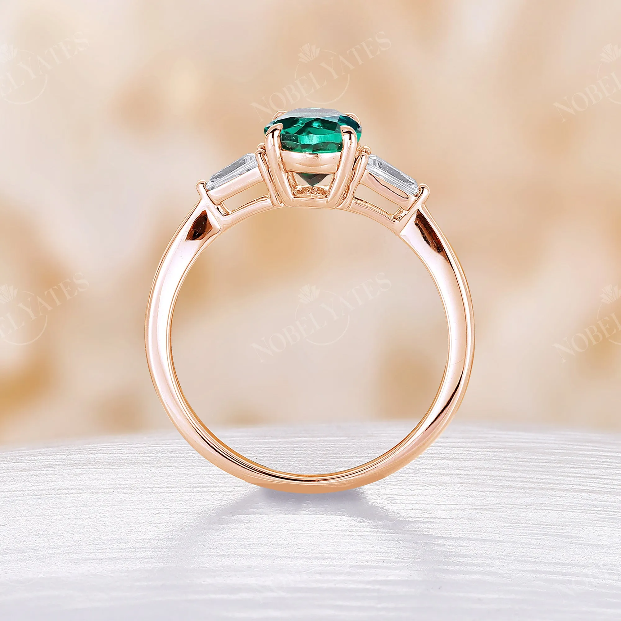 Art Deco Classic Oval Lab Emerald Engagement Ring Three Stones