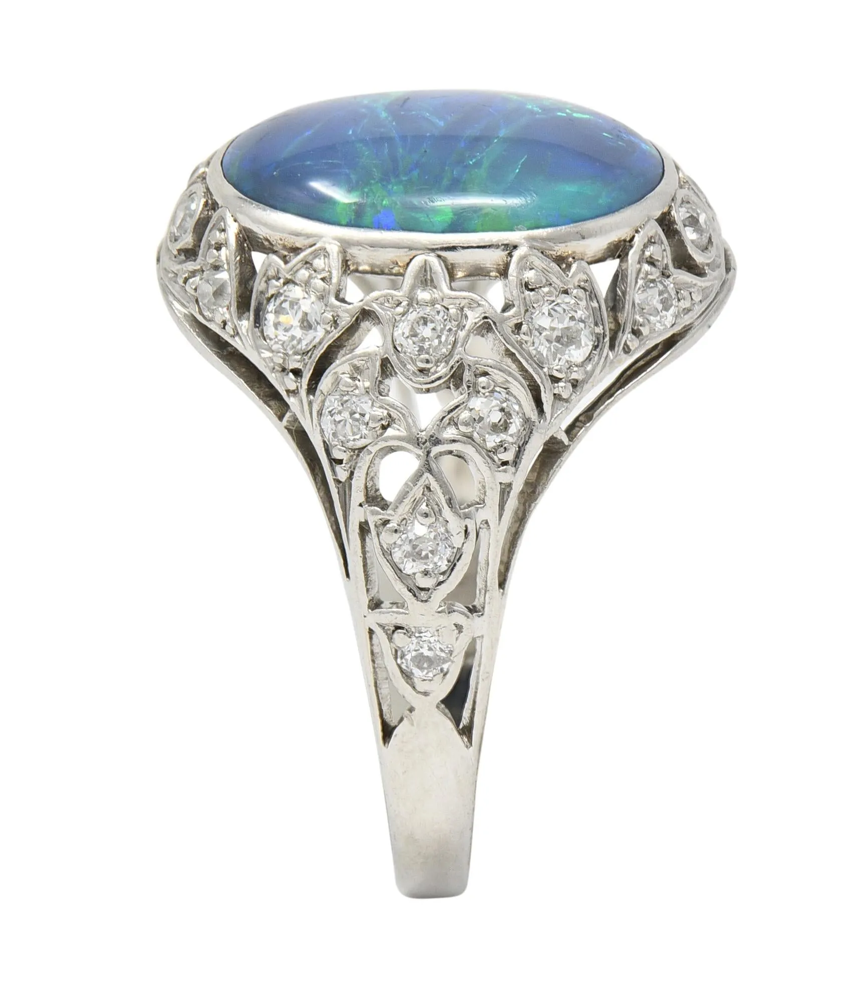 Art Deco Opal Diamond Platinum Ivy Bombé Vintage Gemstone Ring