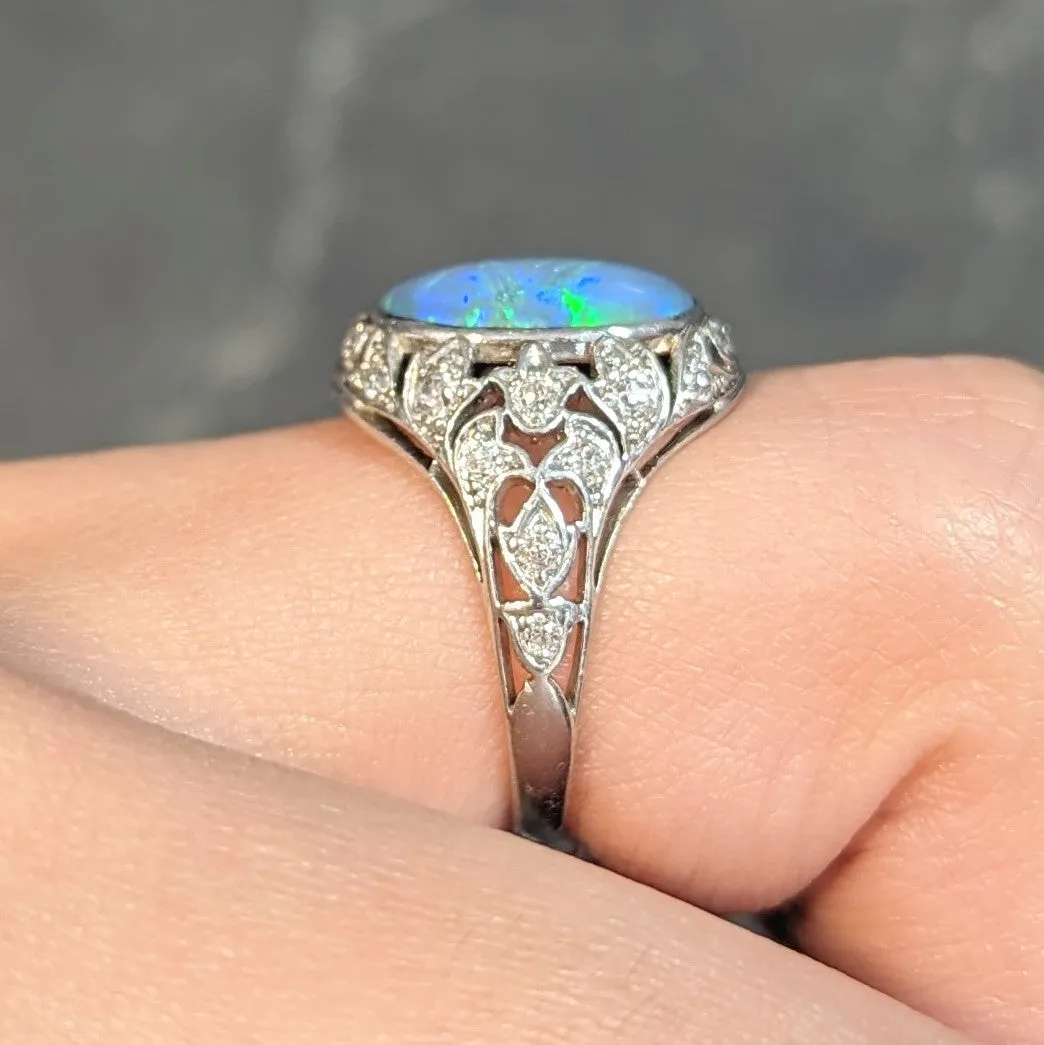 Art Deco Opal Diamond Platinum Ivy Bombé Vintage Gemstone Ring