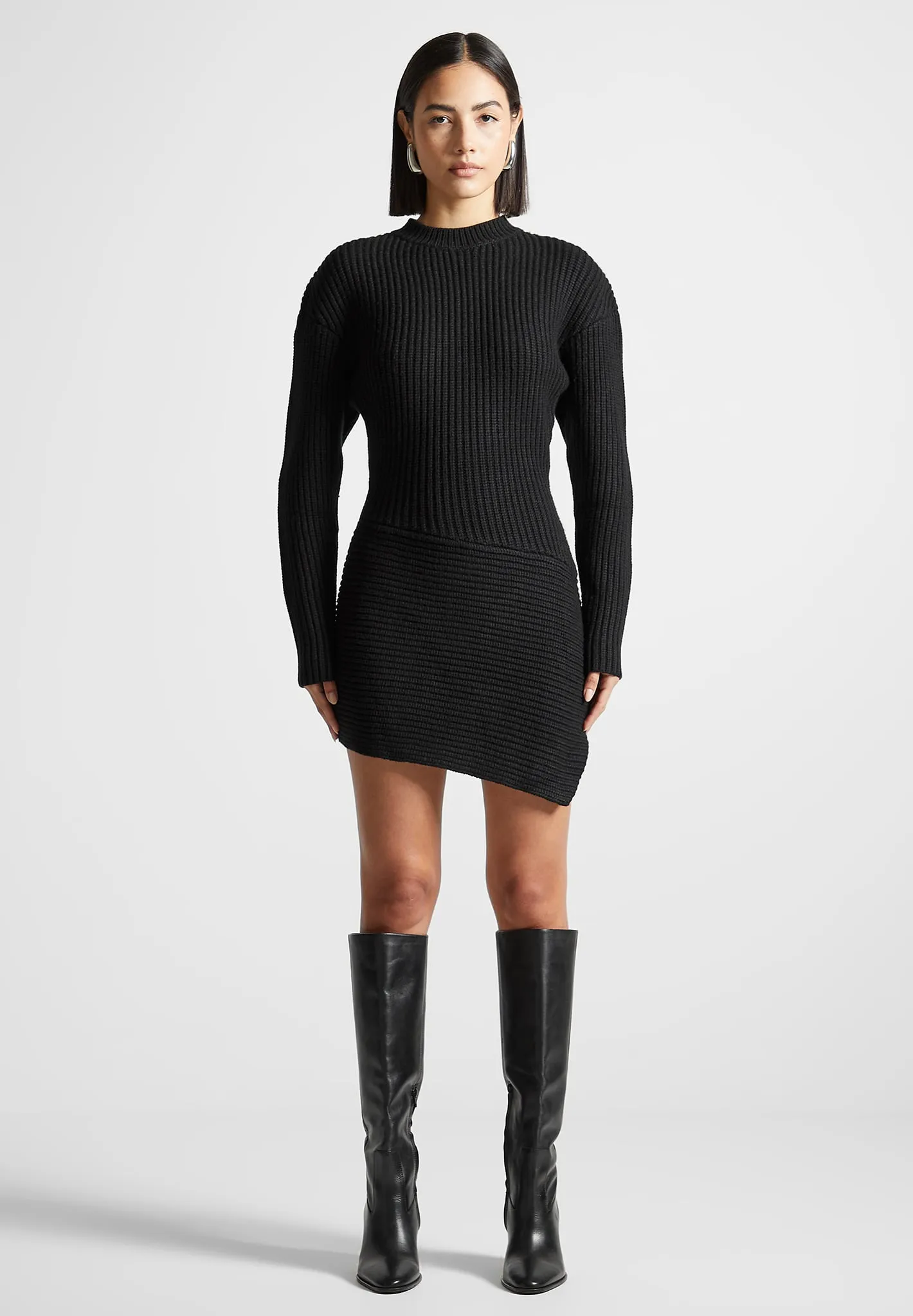 Asymmetric Knit Jumper Dress - Black