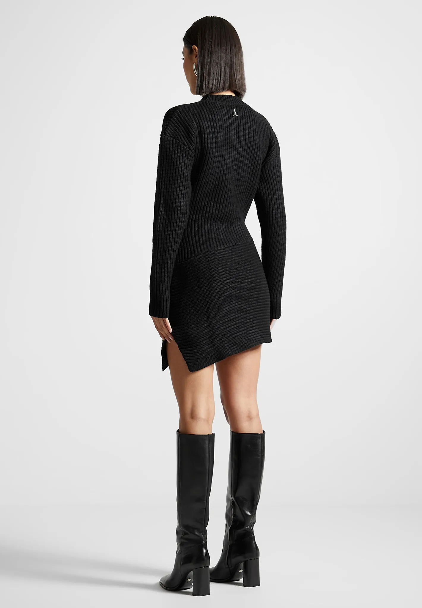 Asymmetric Knit Jumper Dress - Black