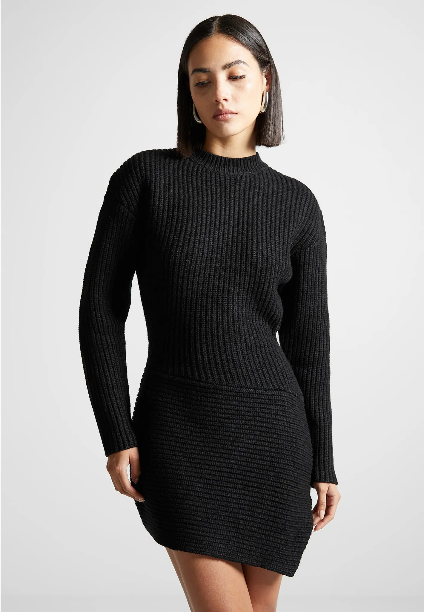 Asymmetric Knit Jumper Dress - Black