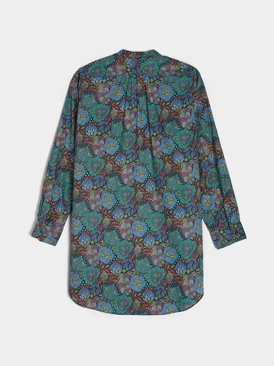 Banded Collar Long Shirt, Navy Floral Print