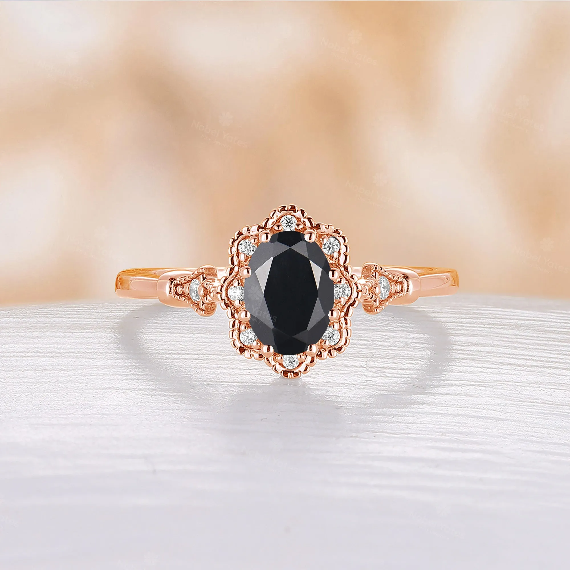 Black Onyx Vintage Oval Cut Foral Milgrain Engagement Ring Rose Gold