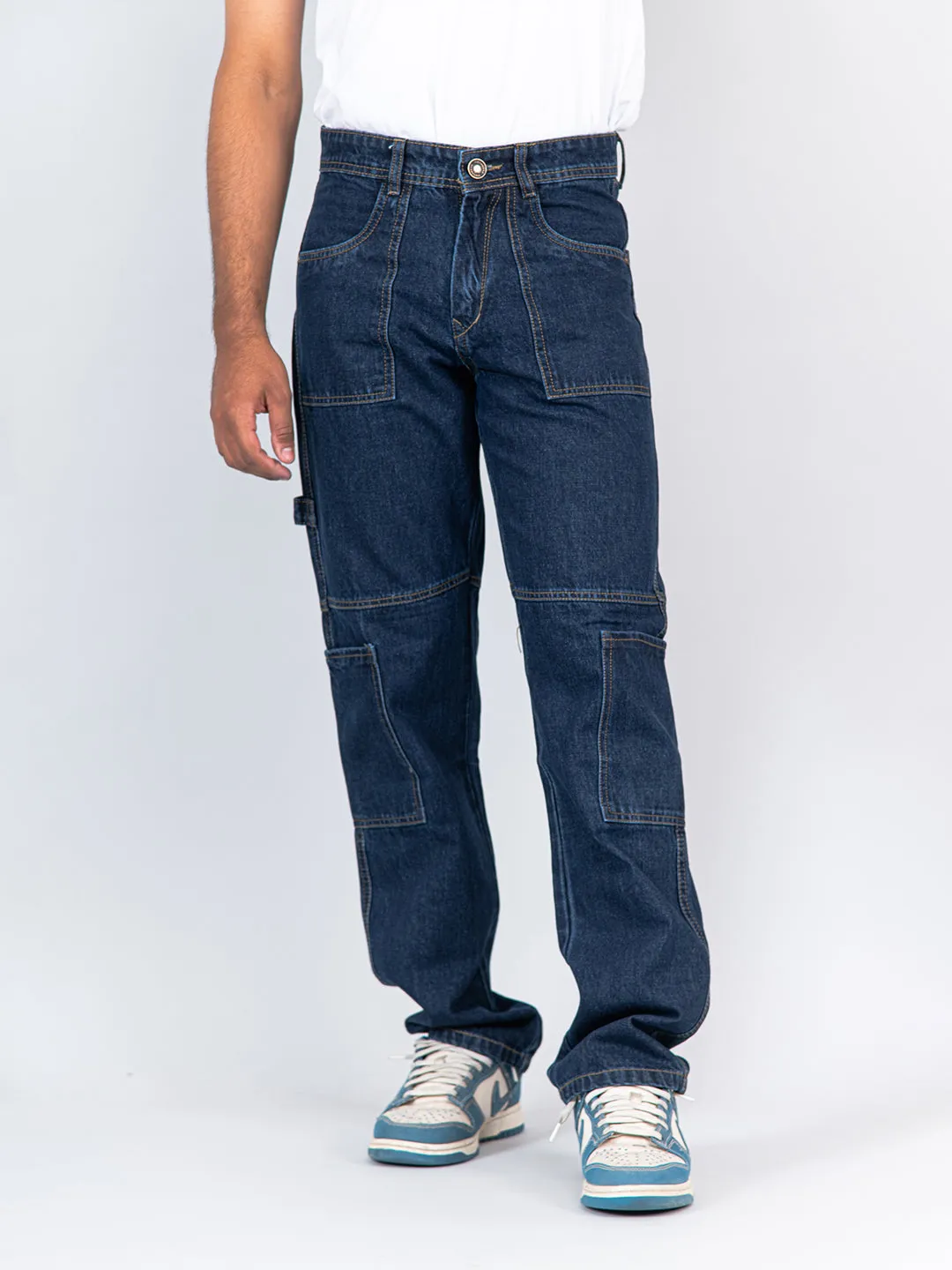 Blue Flared Straight Fit Denim Cargo