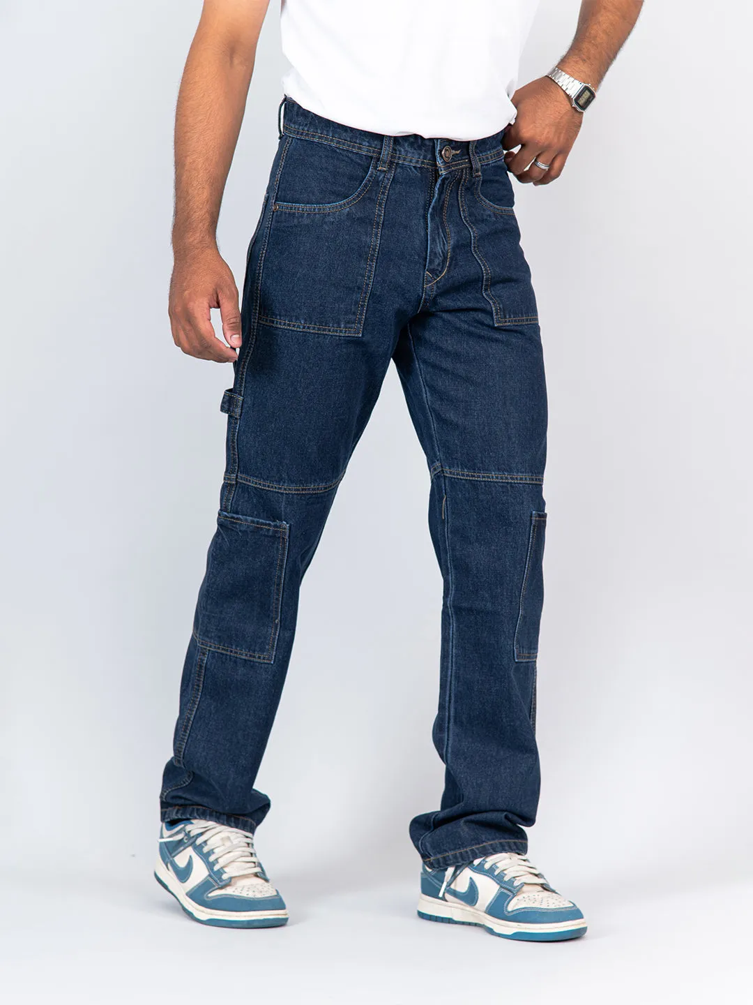 Blue Flared Straight Fit Denim Cargo