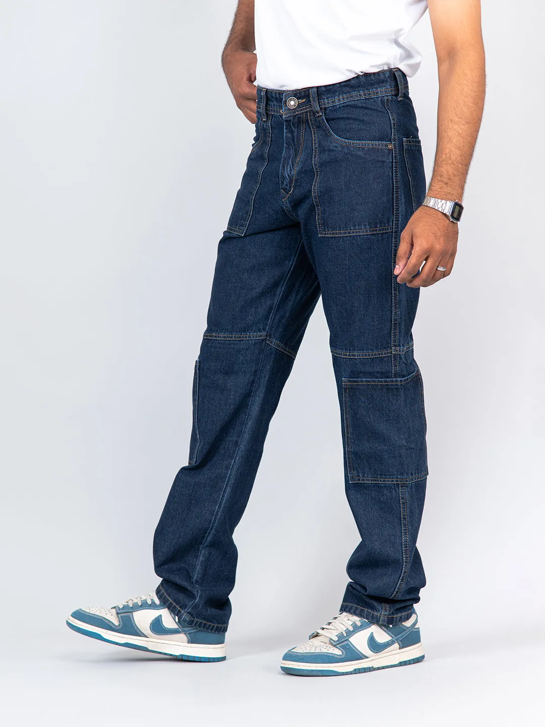 Blue Flared Straight Fit Denim Cargo