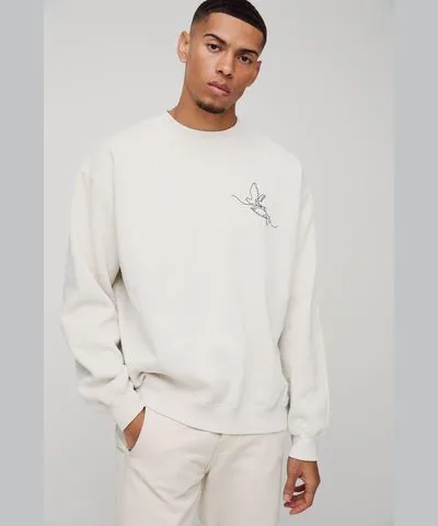 boohoo Mens Oversized Line Drawing Bird Graphic Washed Sweatshirt