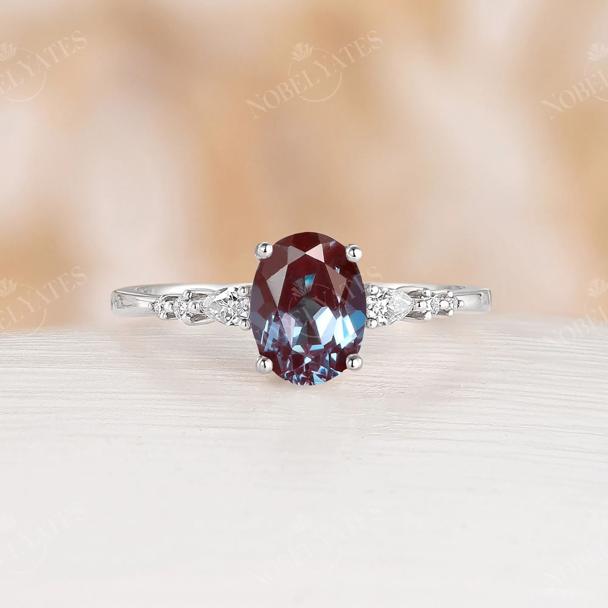 Classic Oval Lab Alexandrite Moissanite Side Stone Engagement Ring