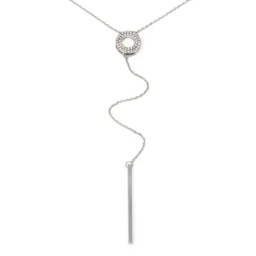 CZ Pave Open Circle Lariat Long Necklace Rhodium Plated