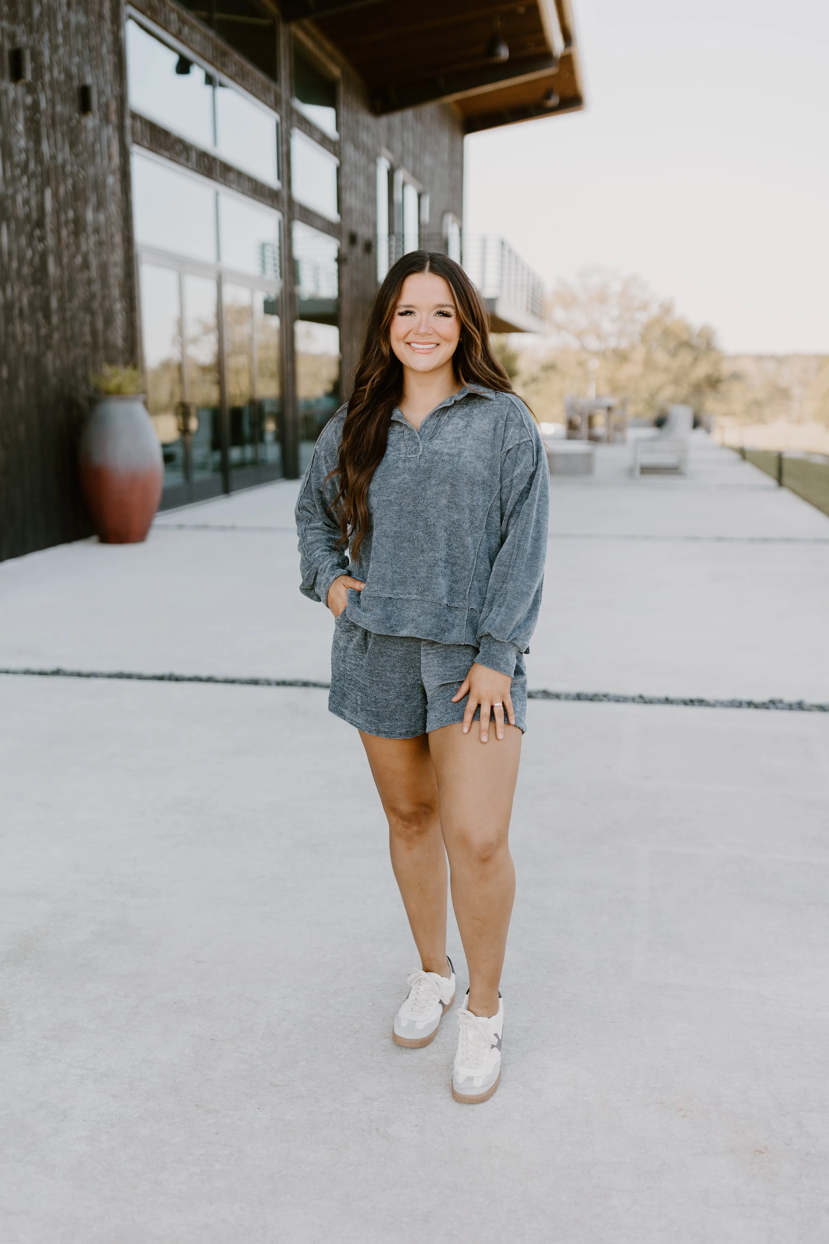 Dark Grey Oversized Chenille Pullover and Short Set