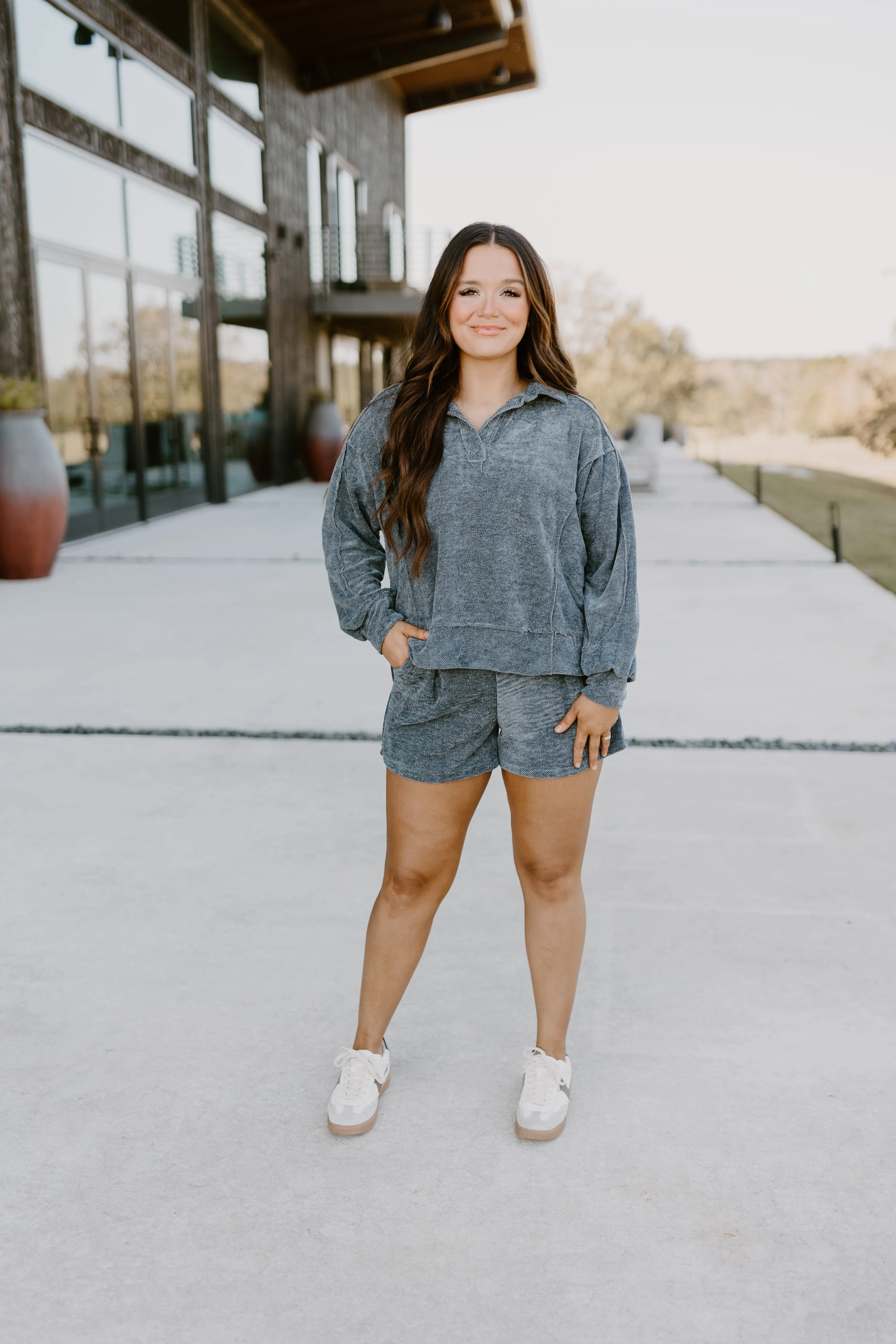 Dark Grey Oversized Chenille Pullover and Short Set