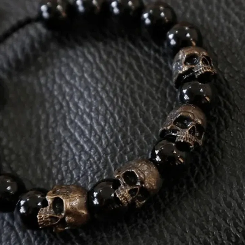 Dark Vintage Style Horror Skull Black Beads Charm Bracelet