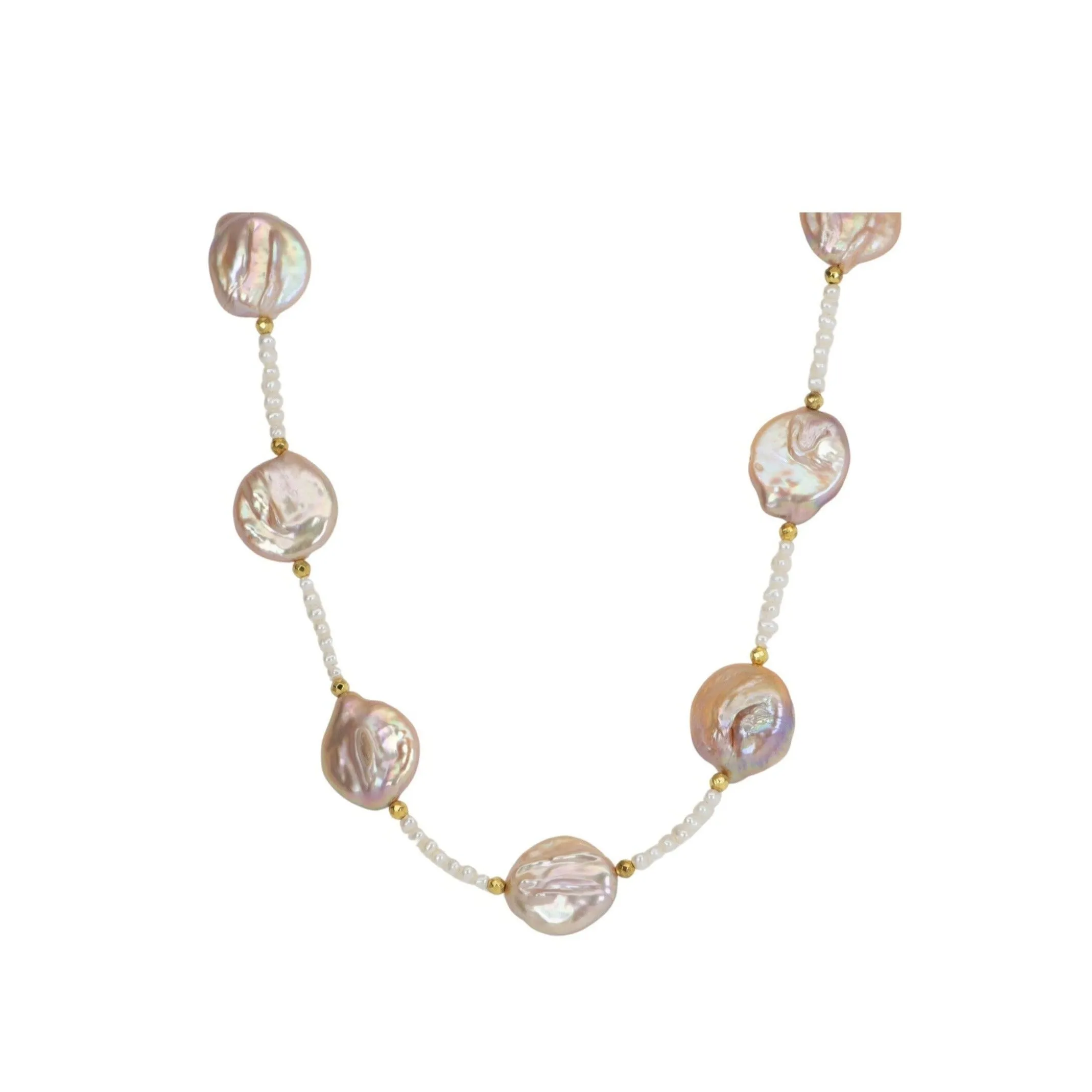 Dash and Dot Mixed Pearl Long Necklace 14K Gold Filled Finishing R4342