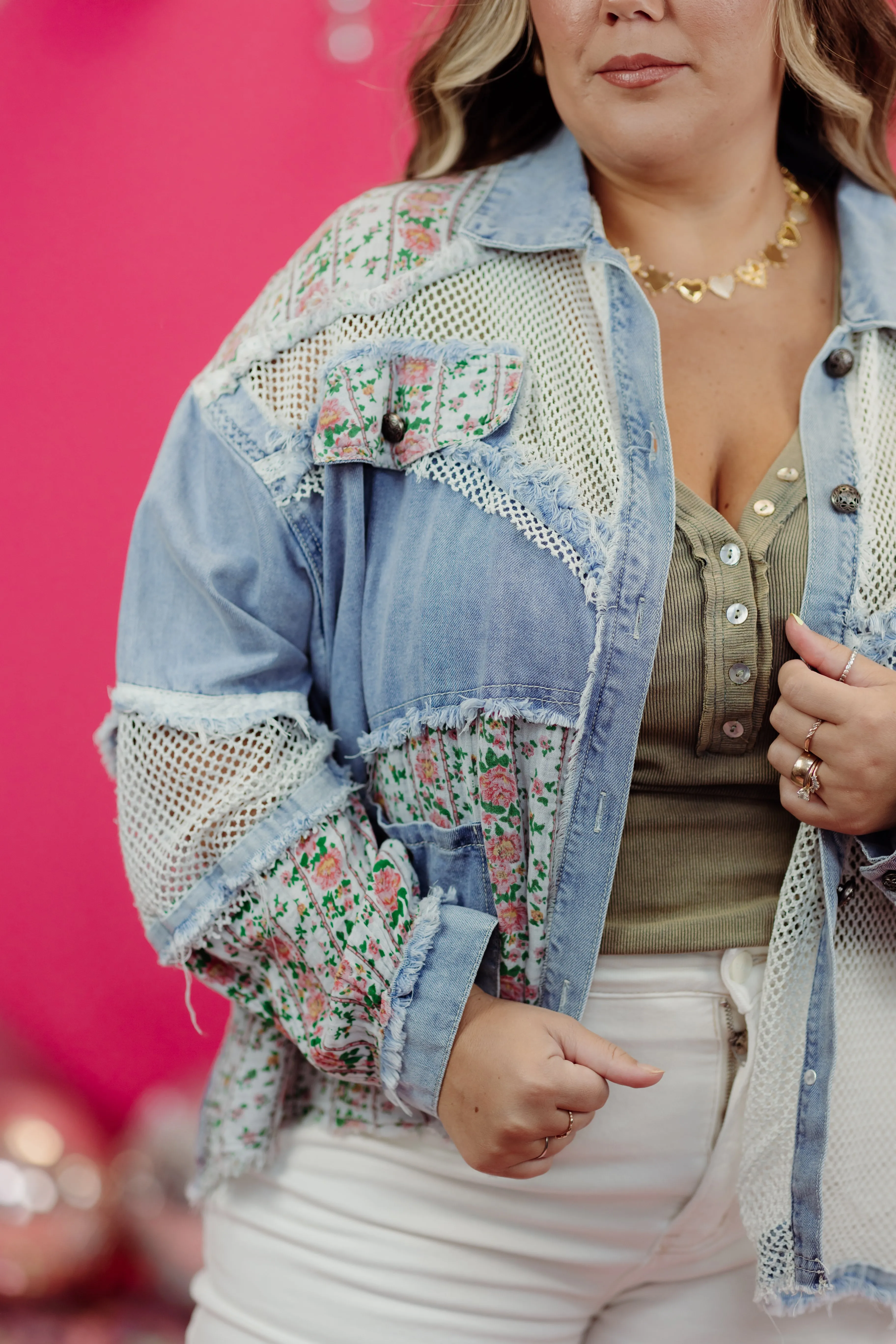 Denim Multi Oversized Balloon Sleeve Floral Contrast Jacket