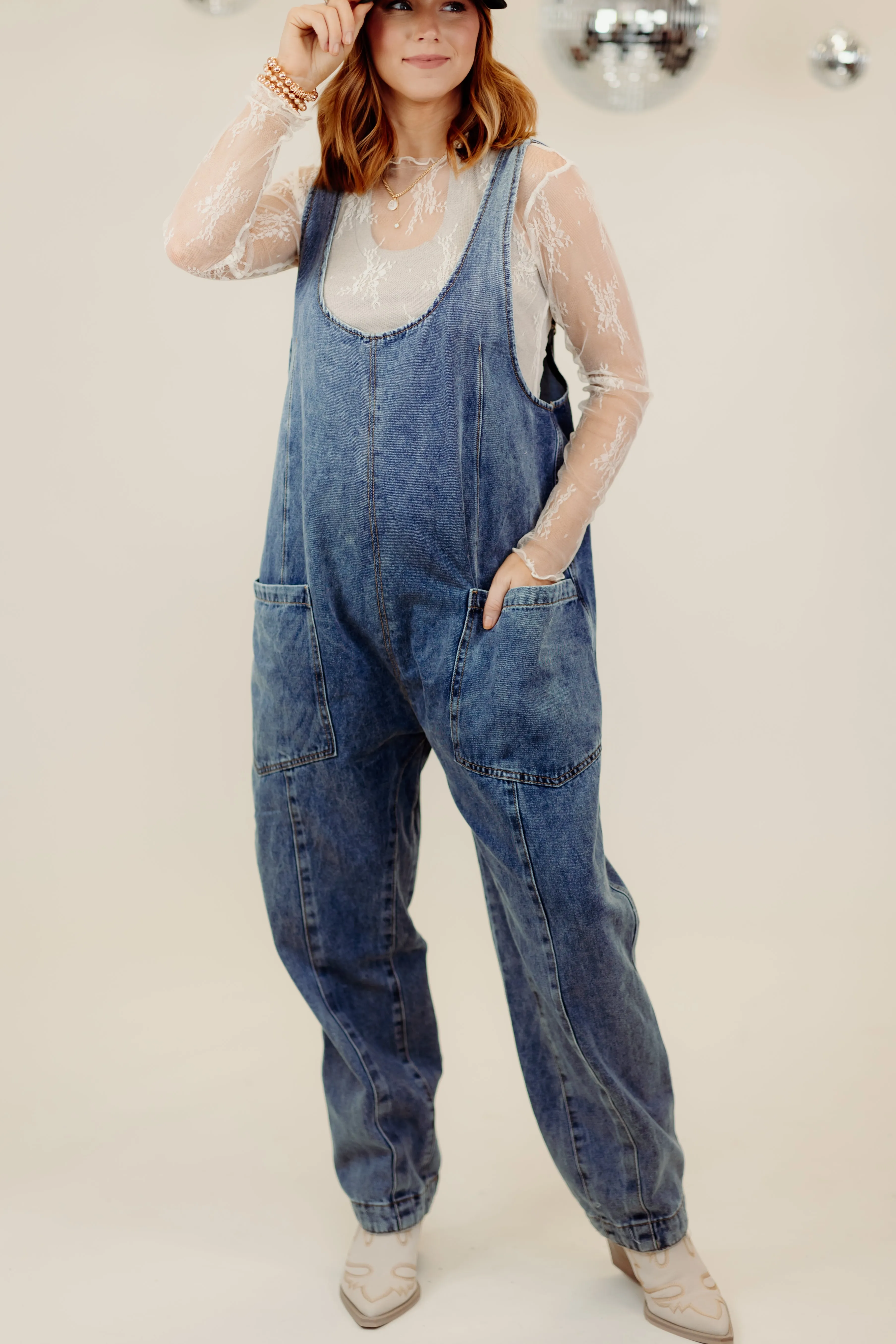 Denim Scoop Neck Oversized Overalls