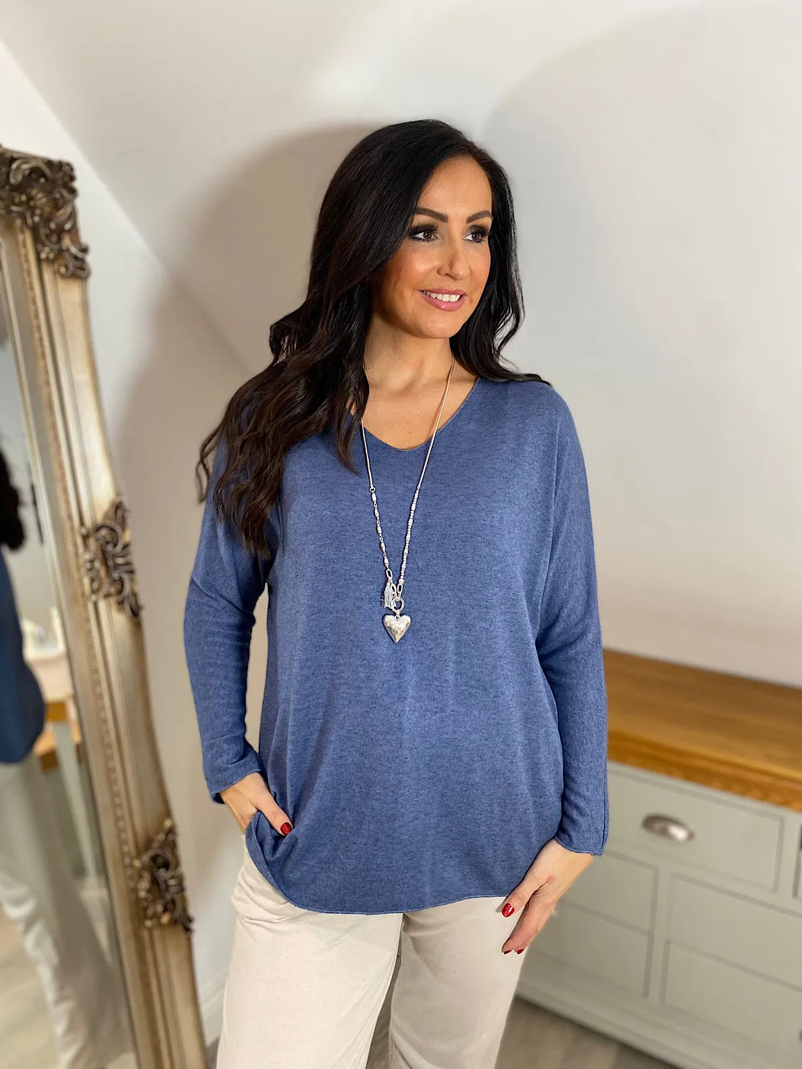 Denim V Neck Knit Top Bea