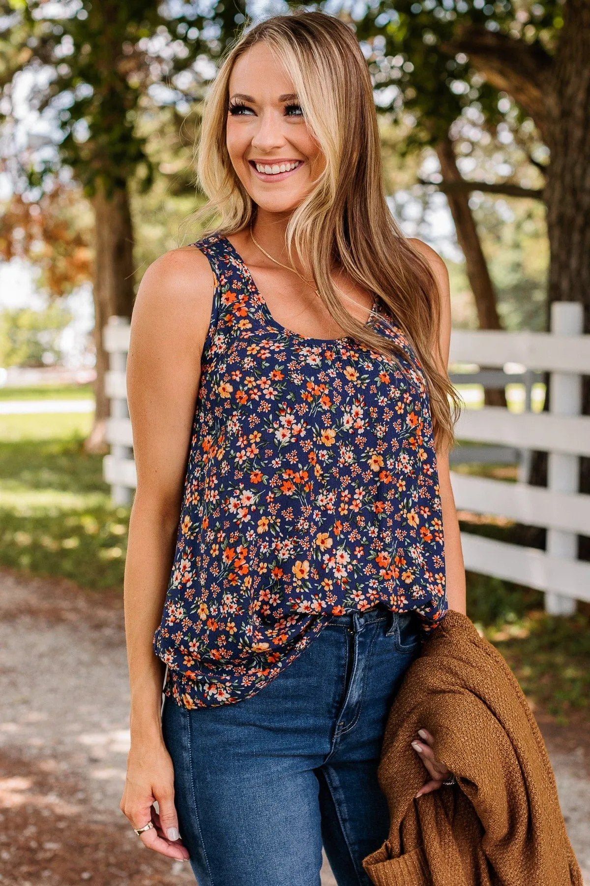 Eye Catching Beauty Floral Tank- Navy