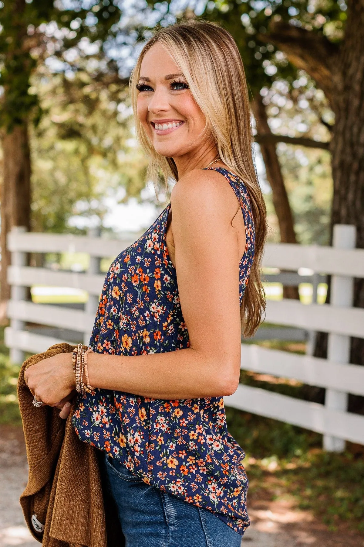 Eye Catching Beauty Floral Tank- Navy