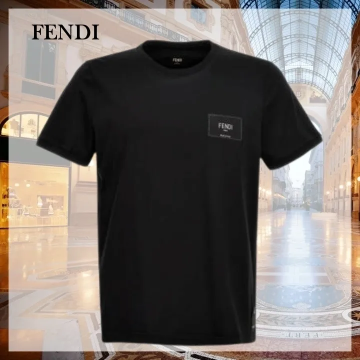 FENDI  |Crew Neck Plain Cotton Short Sleeves Logo Luxury